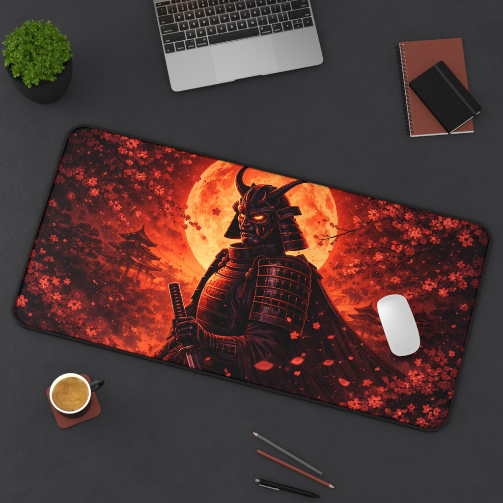 Samurai Crimson Moon Desk Mat — Cherry Blossom Silhouette Mousepad
