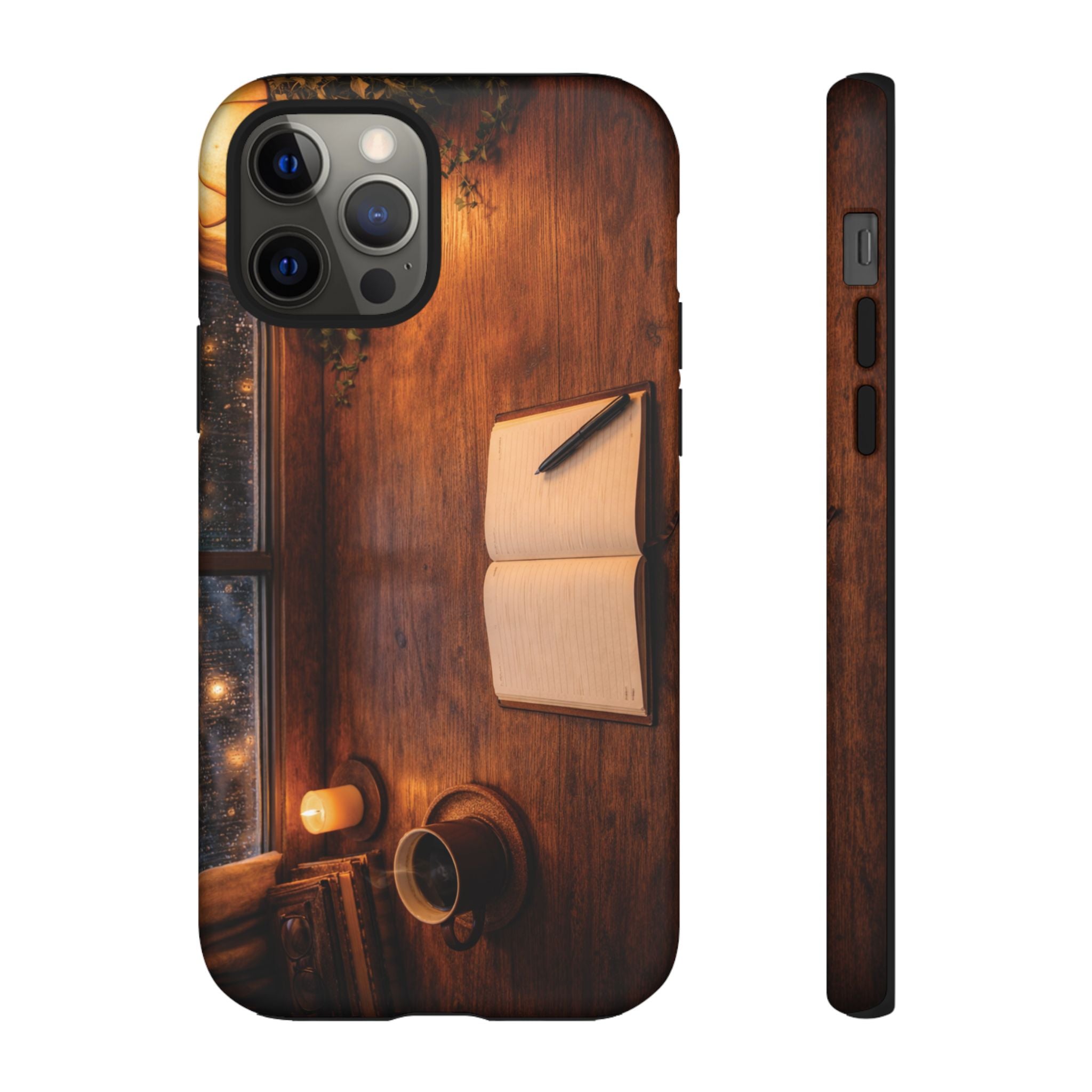 Cozy Writer’s Desk Phone Case — Cozy Notebook & Coffee Woodgrain Design