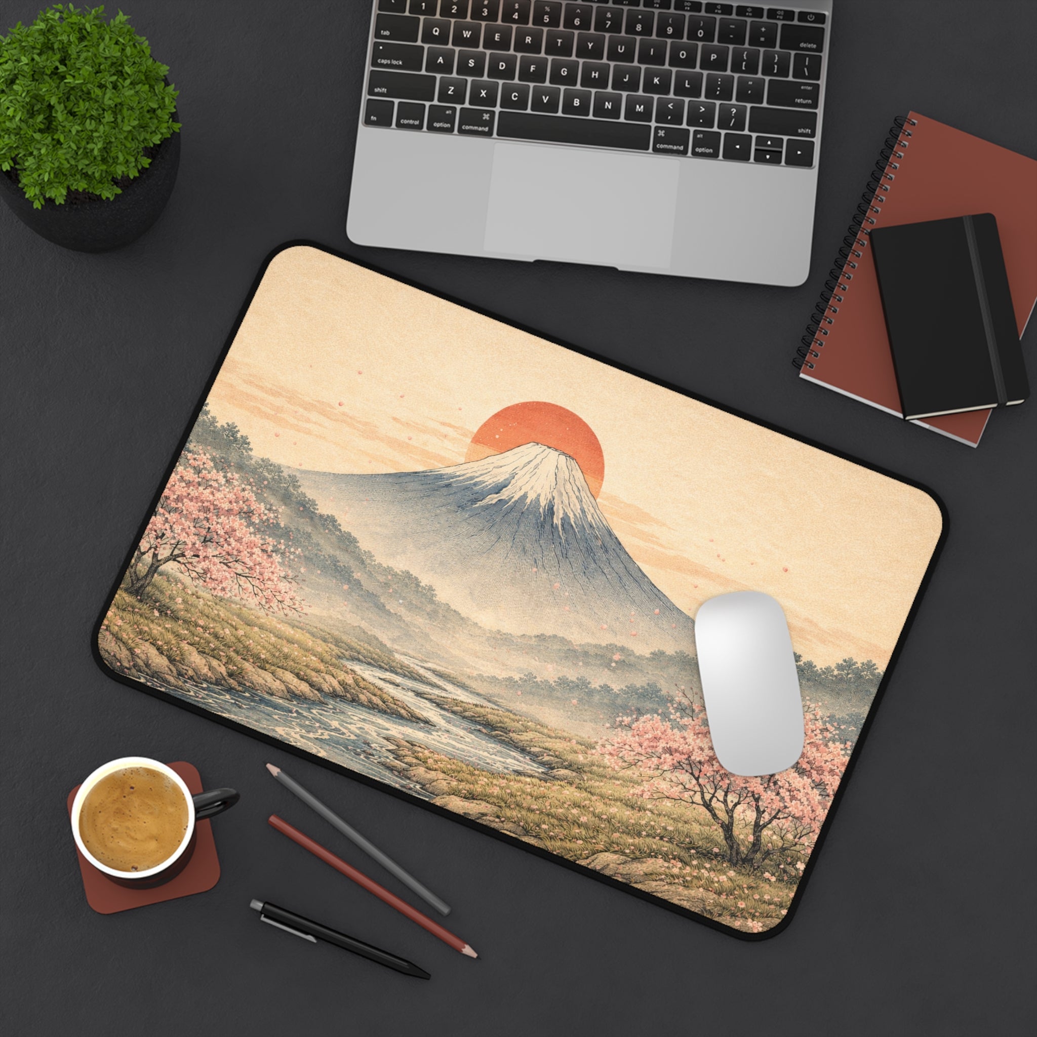 Japanese Ukiyo-e Desk Mat — Mountain, Red Sun & Cherry Blossoms