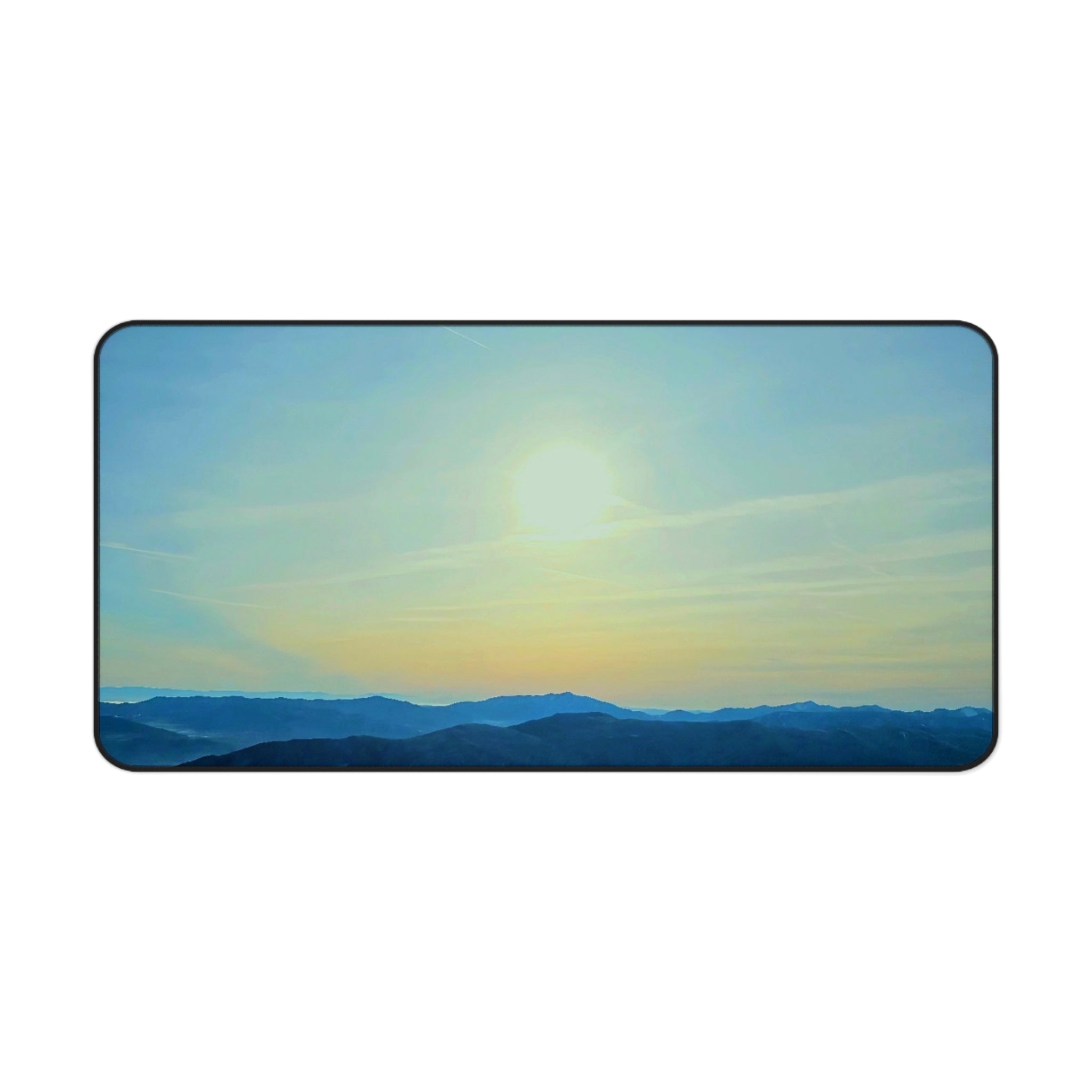 Whiteface Mountain Horizon Desk Mat — Fading Blue Peaks with Orange Sunrise