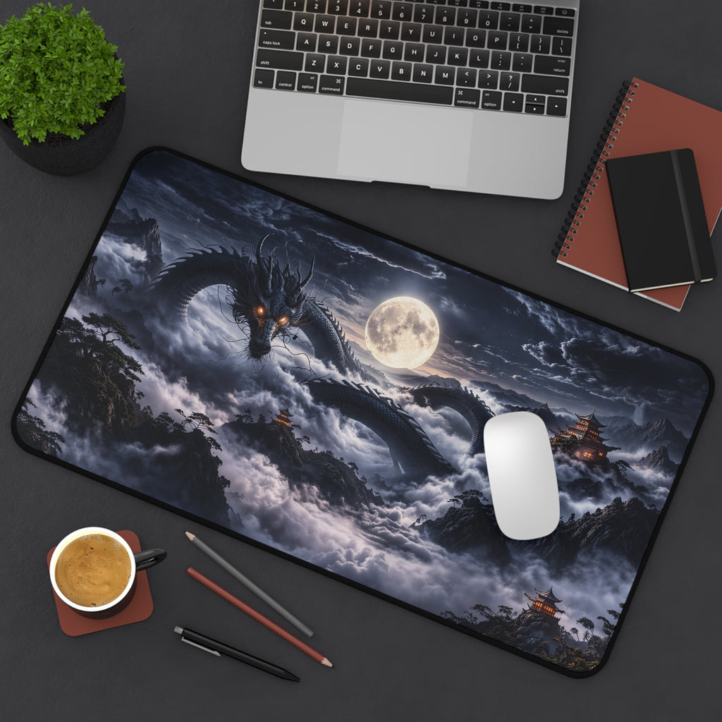 Moonlit Black Dragon Desk Mat XXL, Gaming Mouse Pad | Fantasy Japanese Dark Aesthetic