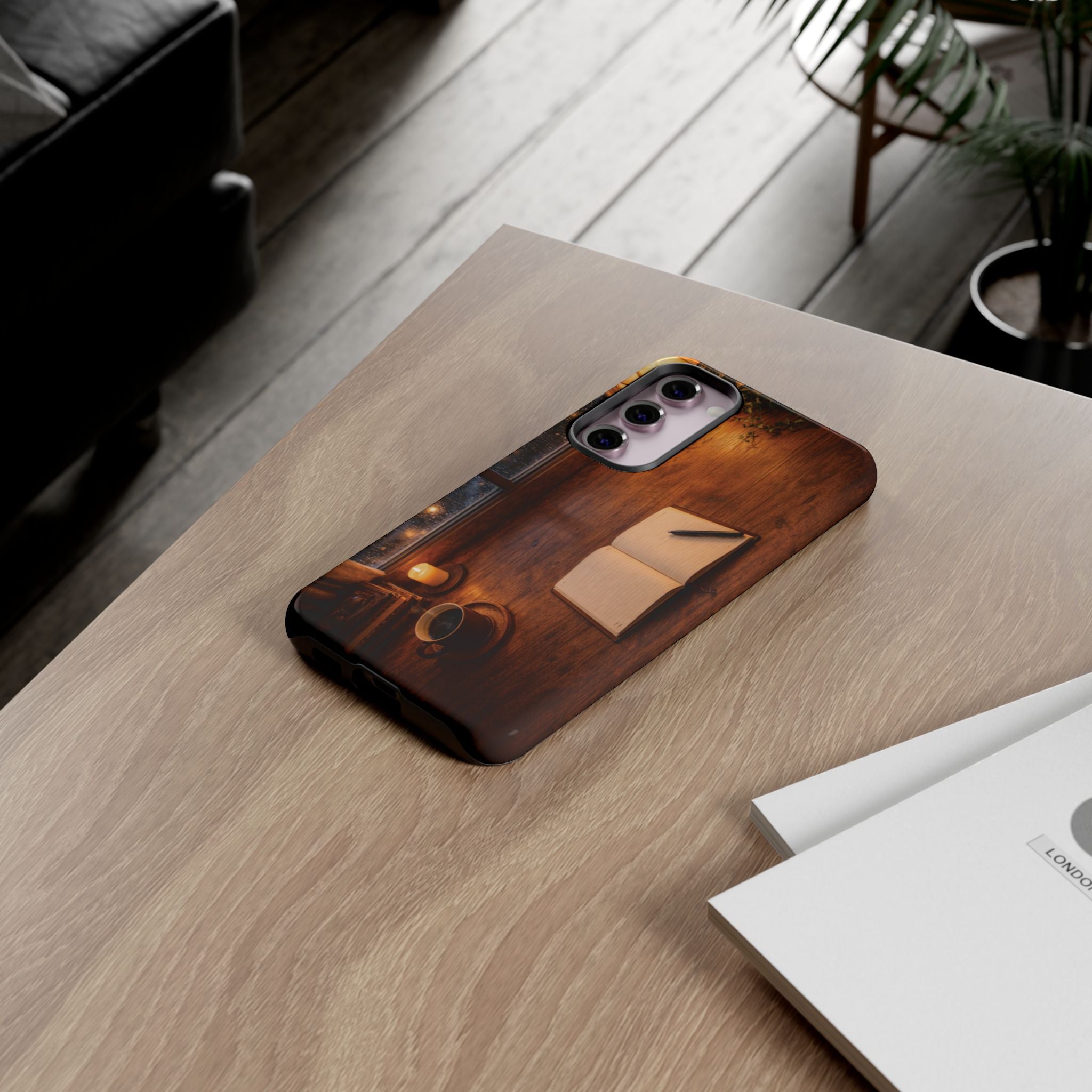 Cozy Writer’s Desk Phone Case — Cozy Notebook & Coffee Woodgrain Design