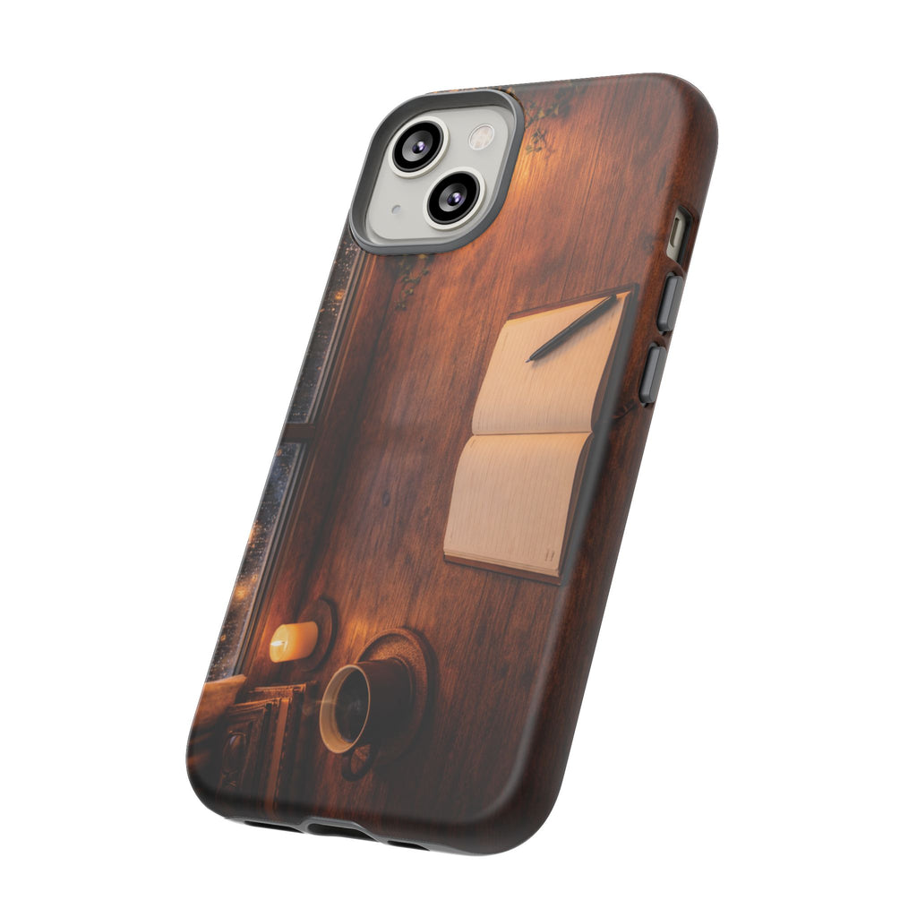 Cozy Writer’s Desk Phone Case — Cozy Notebook & Coffee Woodgrain Design