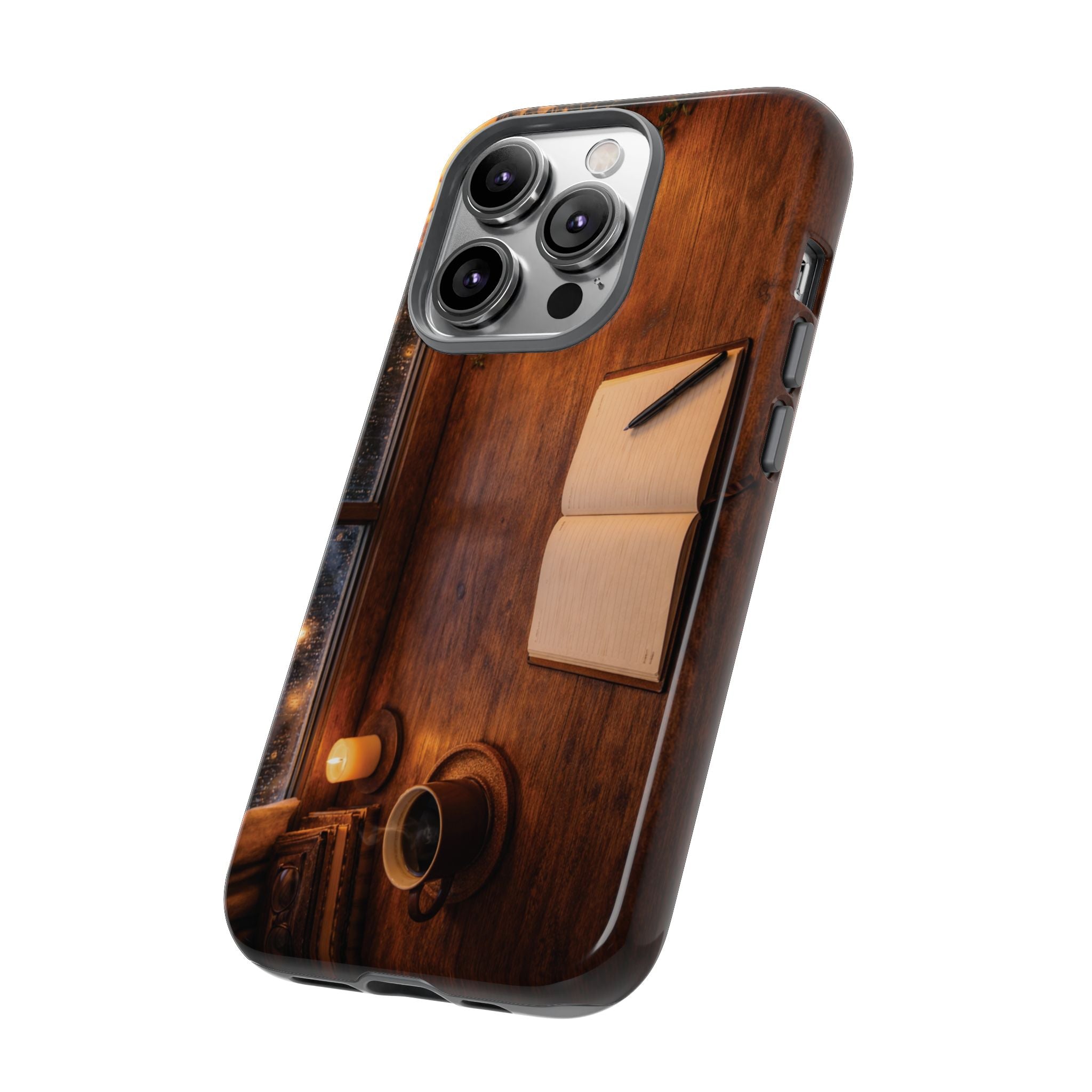 Cozy Writer’s Desk Phone Case — Cozy Notebook & Coffee Woodgrain Design