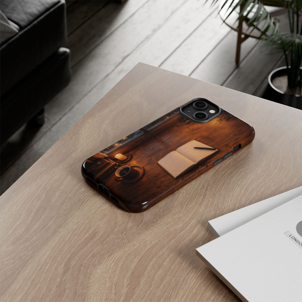 Cozy Writer’s Desk Phone Case — Cozy Notebook & Coffee Woodgrain Design