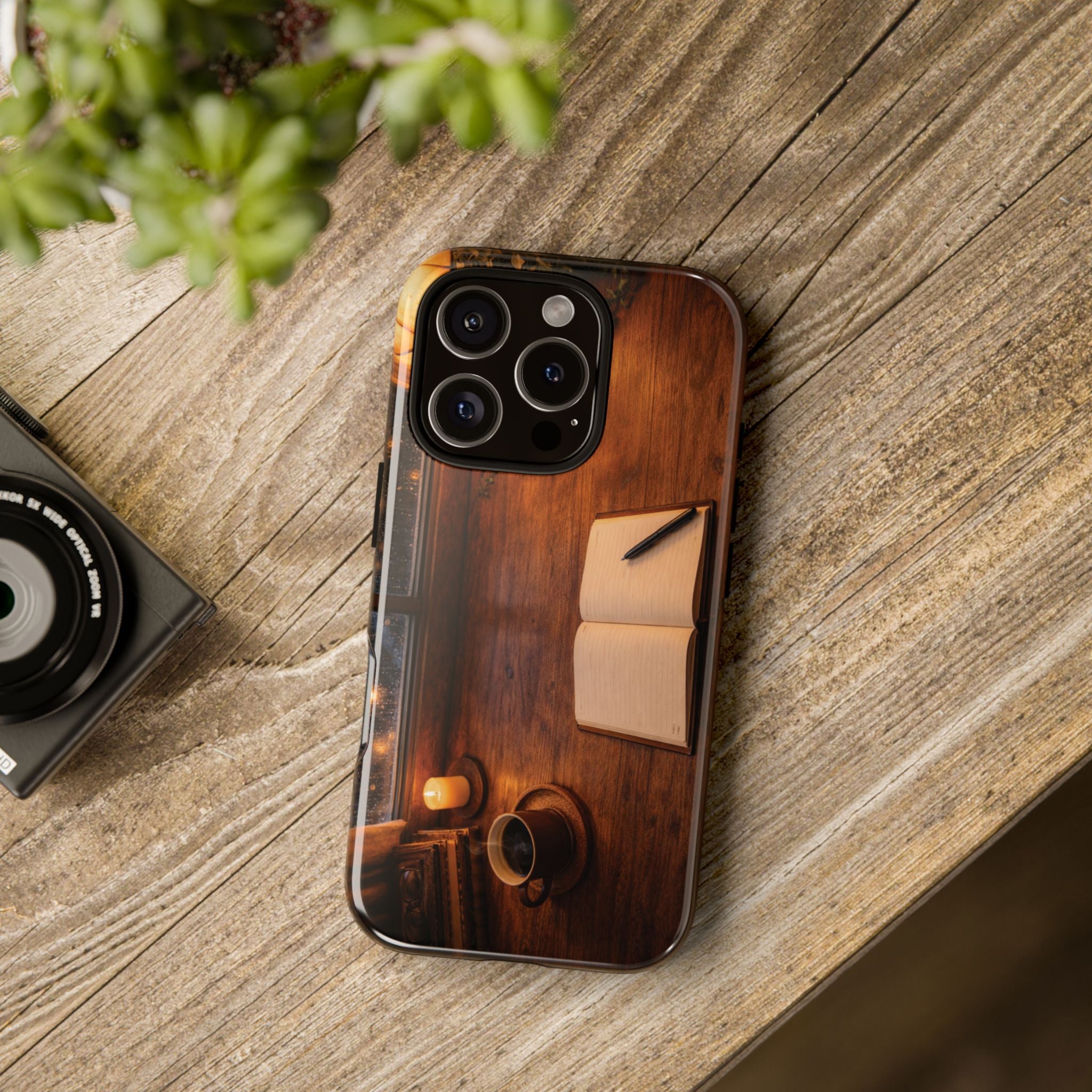 Cozy Writer’s Desk Phone Case — Cozy Notebook & Coffee Woodgrain Design