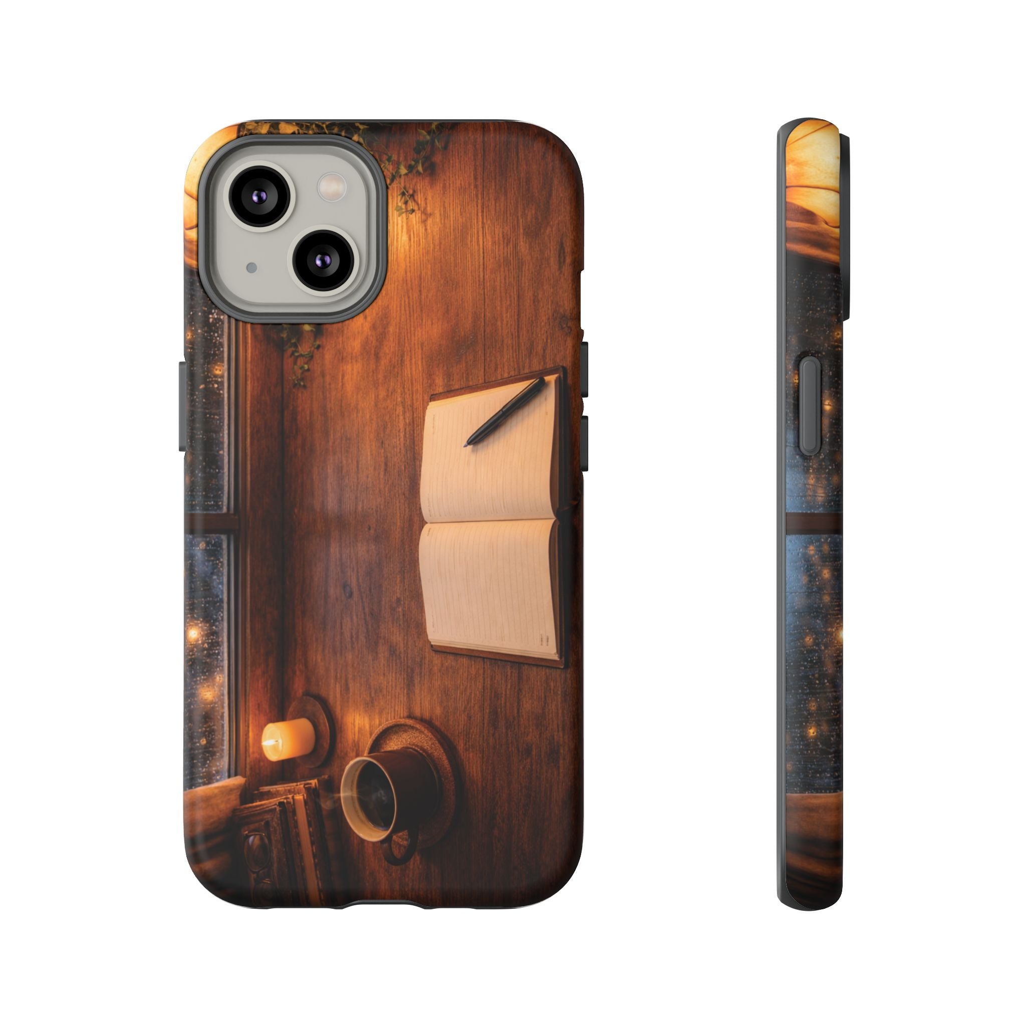 Cozy Writer’s Desk Phone Case — Cozy Notebook & Coffee Woodgrain Design