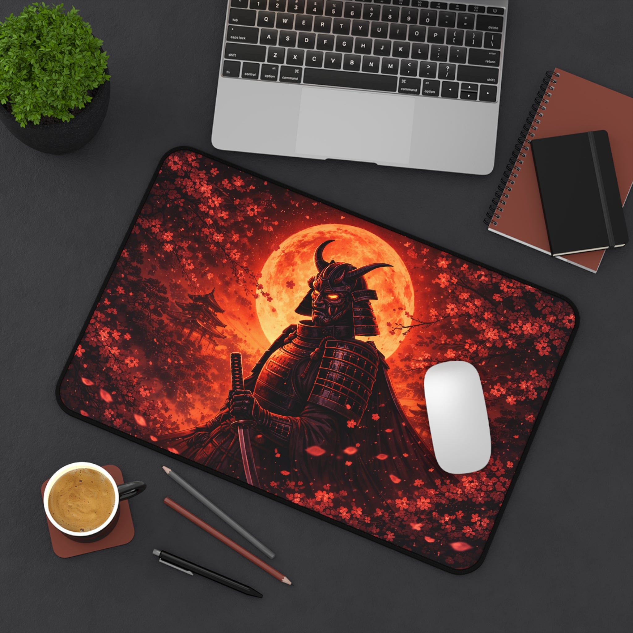 Samurai Crimson Moon Desk Mat — Cherry Blossom Silhouette Mousepad