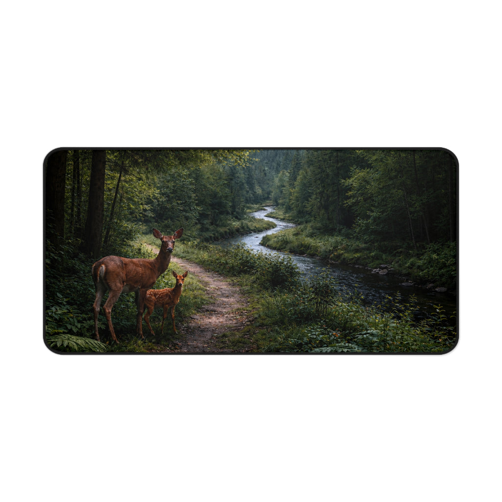 Forest Path Mouse Pad Desk Mat — Deer & Fawn Woodland Scene