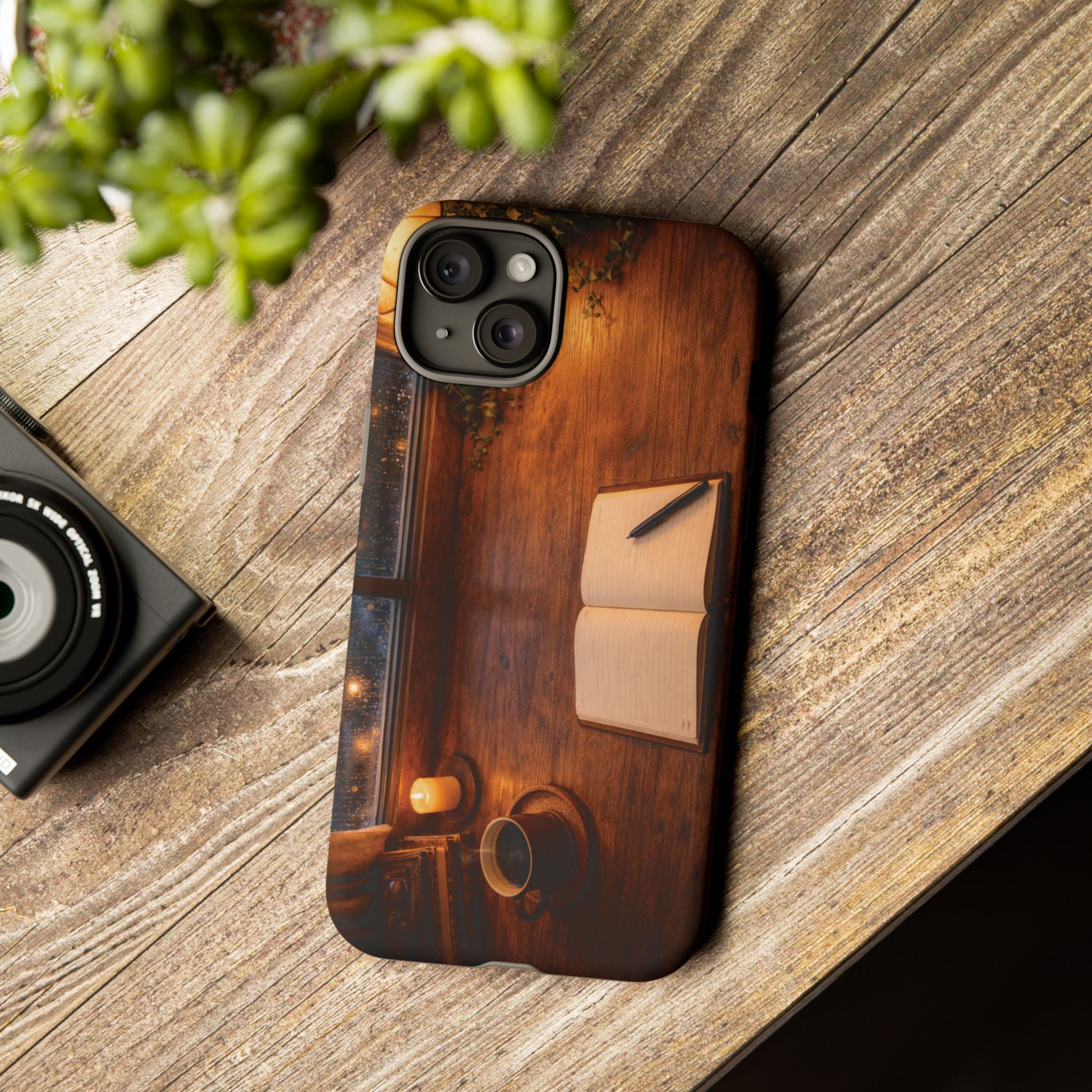 Cozy Writer’s Desk Phone Case — Cozy Notebook & Coffee Woodgrain Design