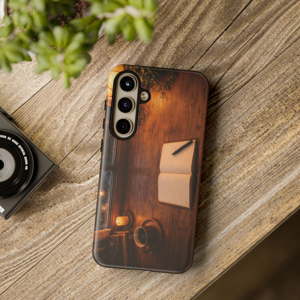 Cozy Writer’s Desk Phone Case — Cozy Notebook & Coffee Woodgrain Design