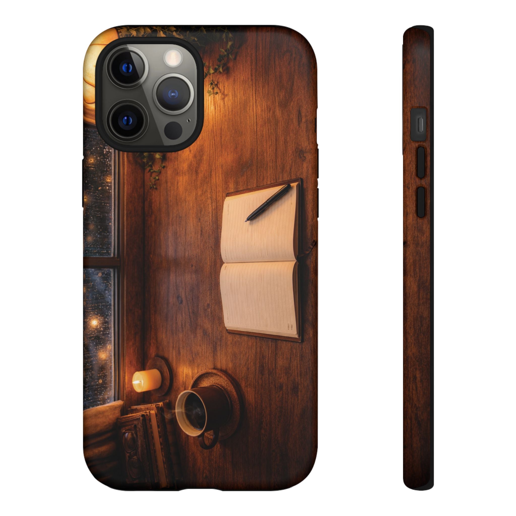 Cozy Writer’s Desk Phone Case — Cozy Notebook & Coffee Woodgrain Design