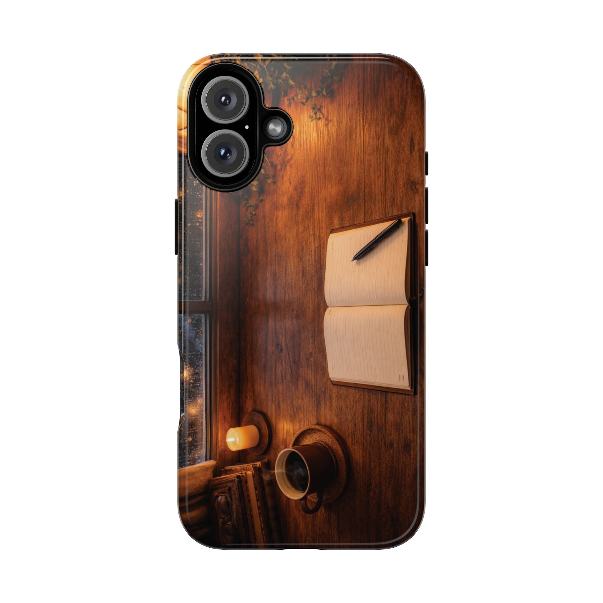 Cozy Writer’s Desk Phone Case — Cozy Notebook & Coffee Woodgrain Design