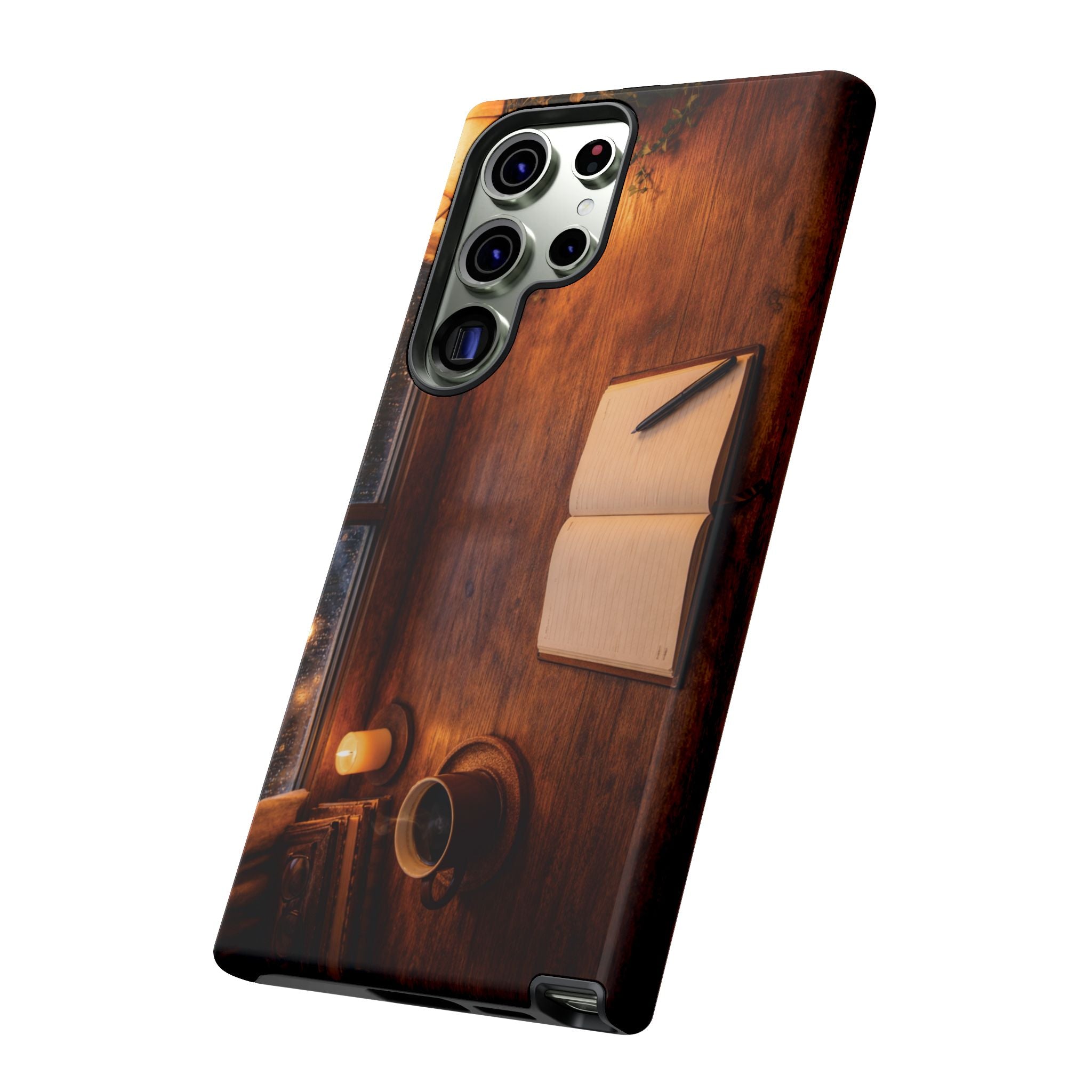 Cozy Writer’s Desk Phone Case — Cozy Notebook & Coffee Woodgrain Design