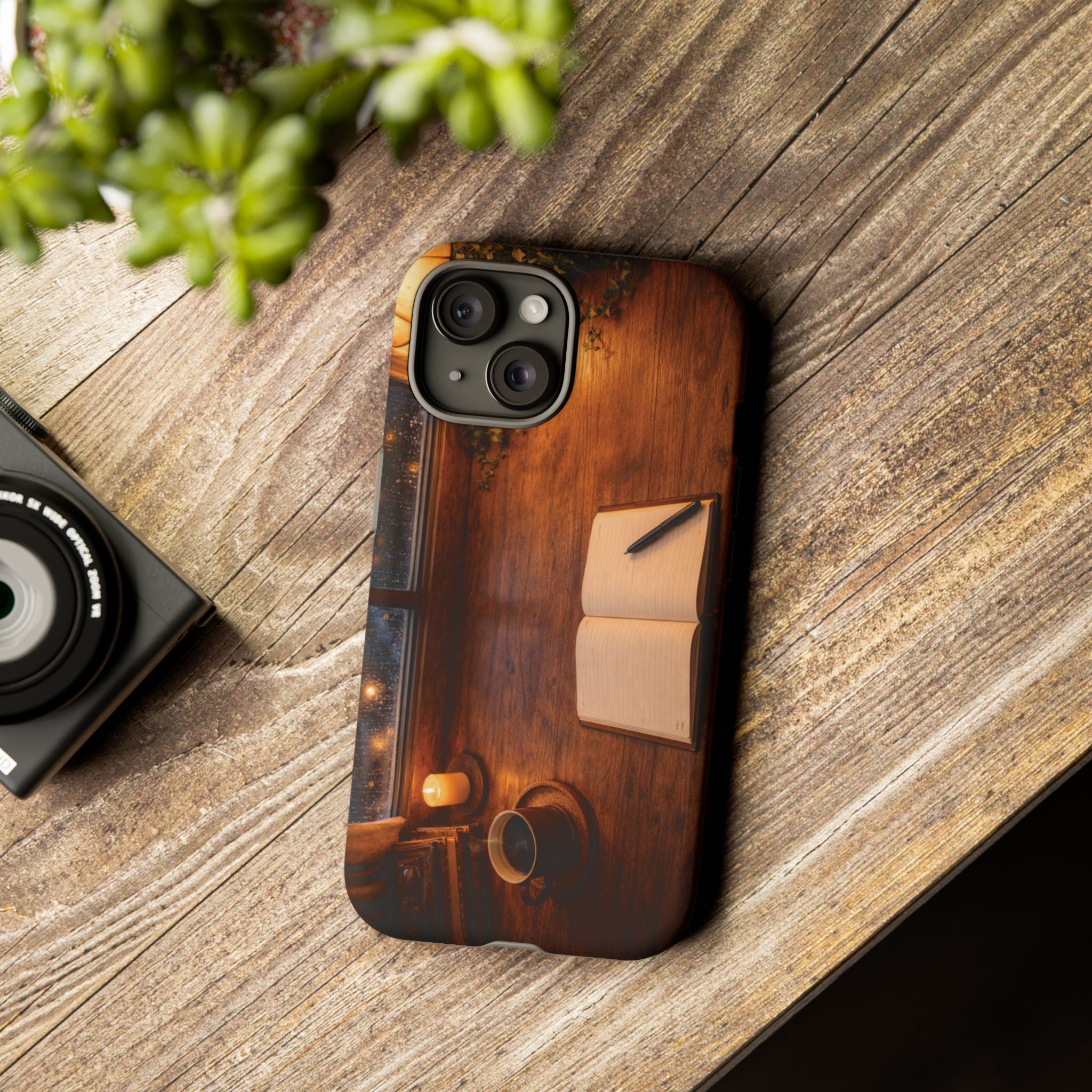 Cozy Writer’s Desk Phone Case — Cozy Notebook & Coffee Woodgrain Design