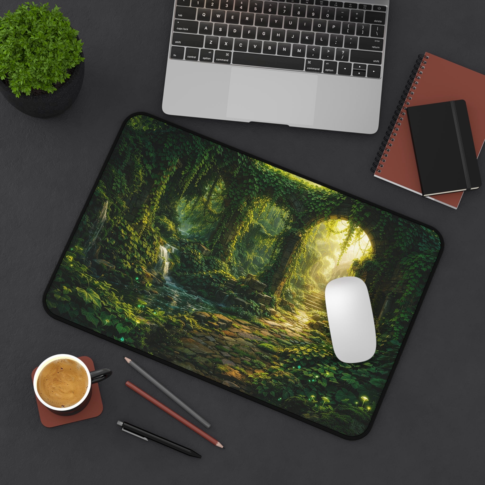 Ivy-Covered Ancient Ruins Desk Mat — Golden Sunlight Overgrown Ruins Desk Mat