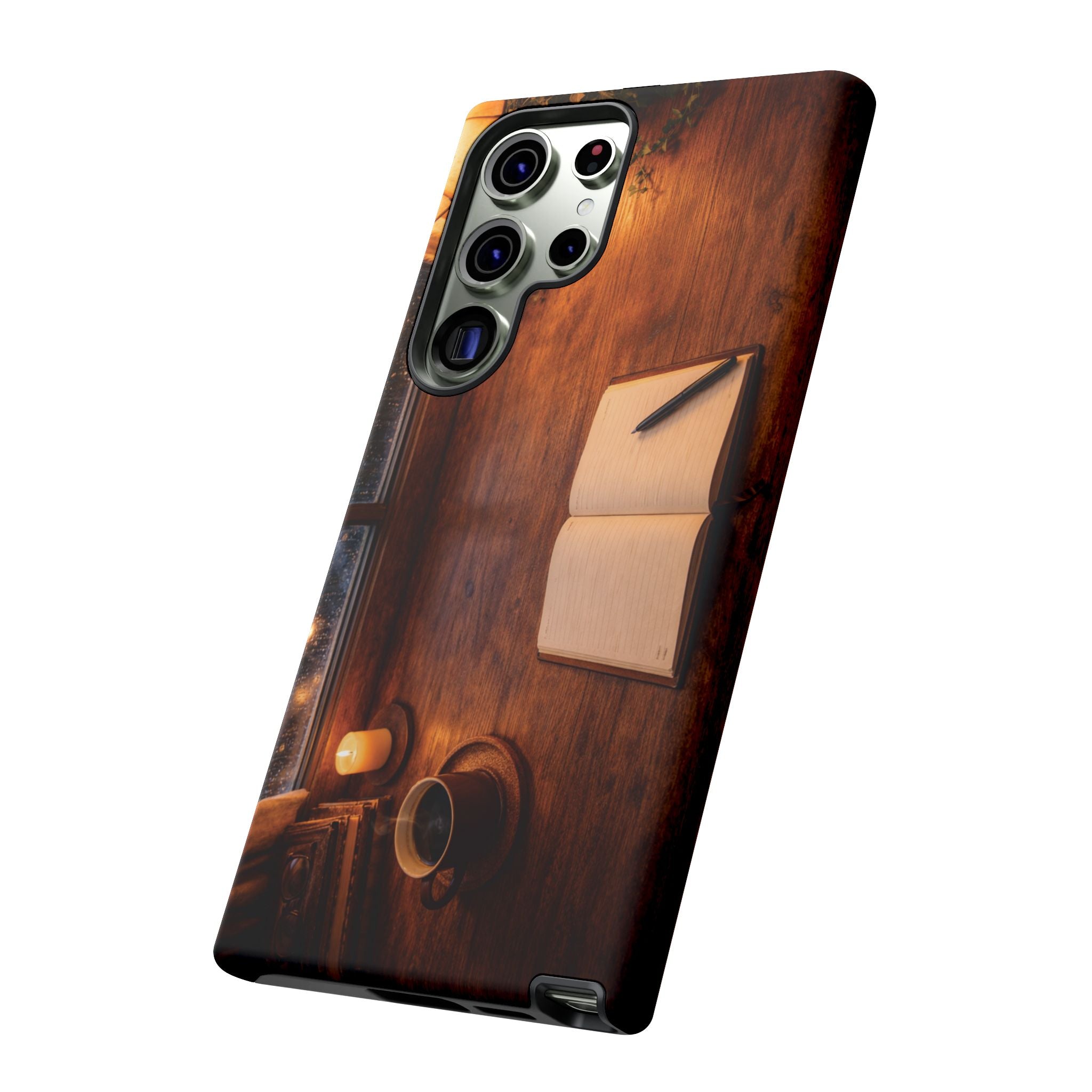Cozy Writer’s Desk Phone Case — Cozy Notebook & Coffee Woodgrain Design