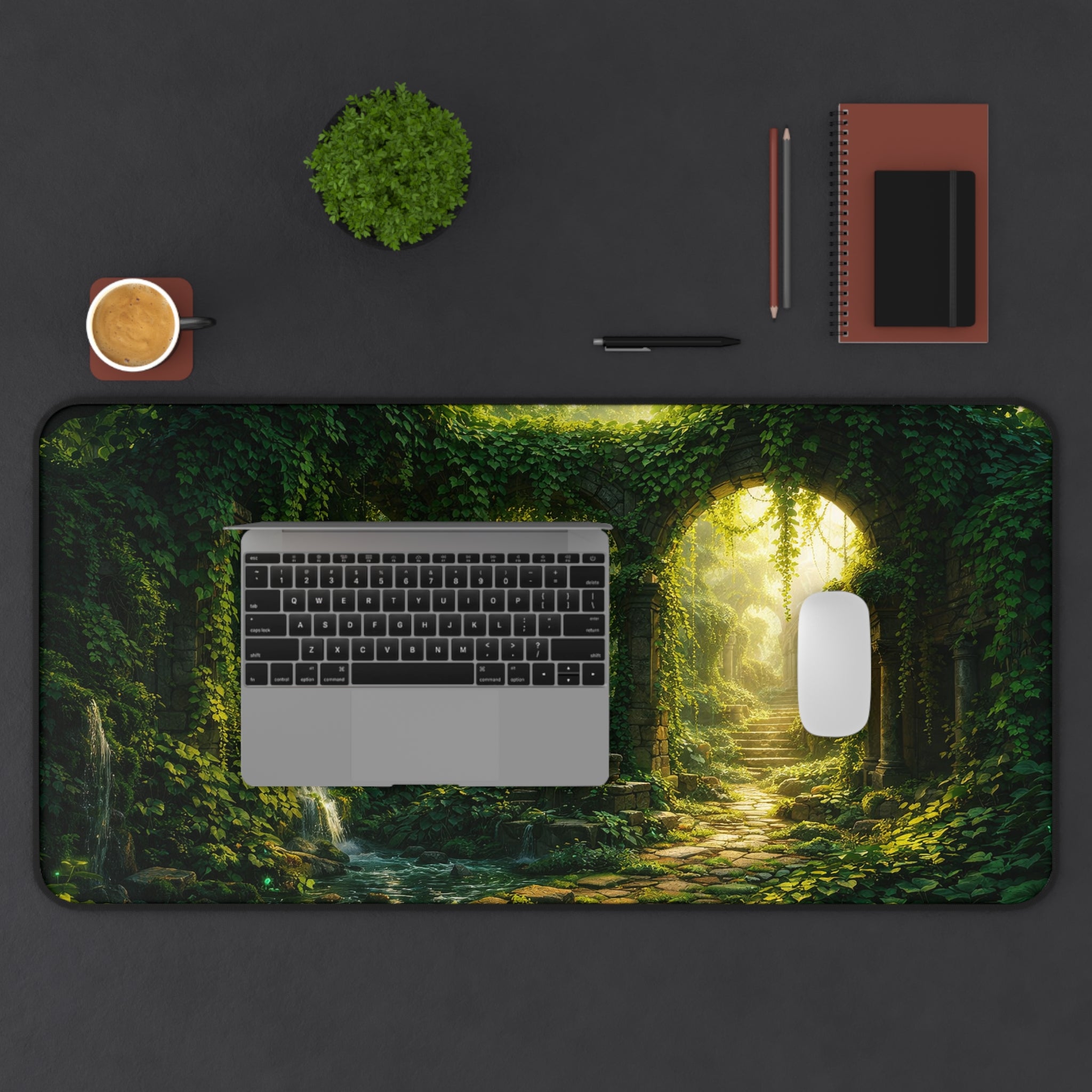 Ivy-Covered Ancient Ruins Desk Mat — Golden Sunlight Overgrown Ruins Desk Mat