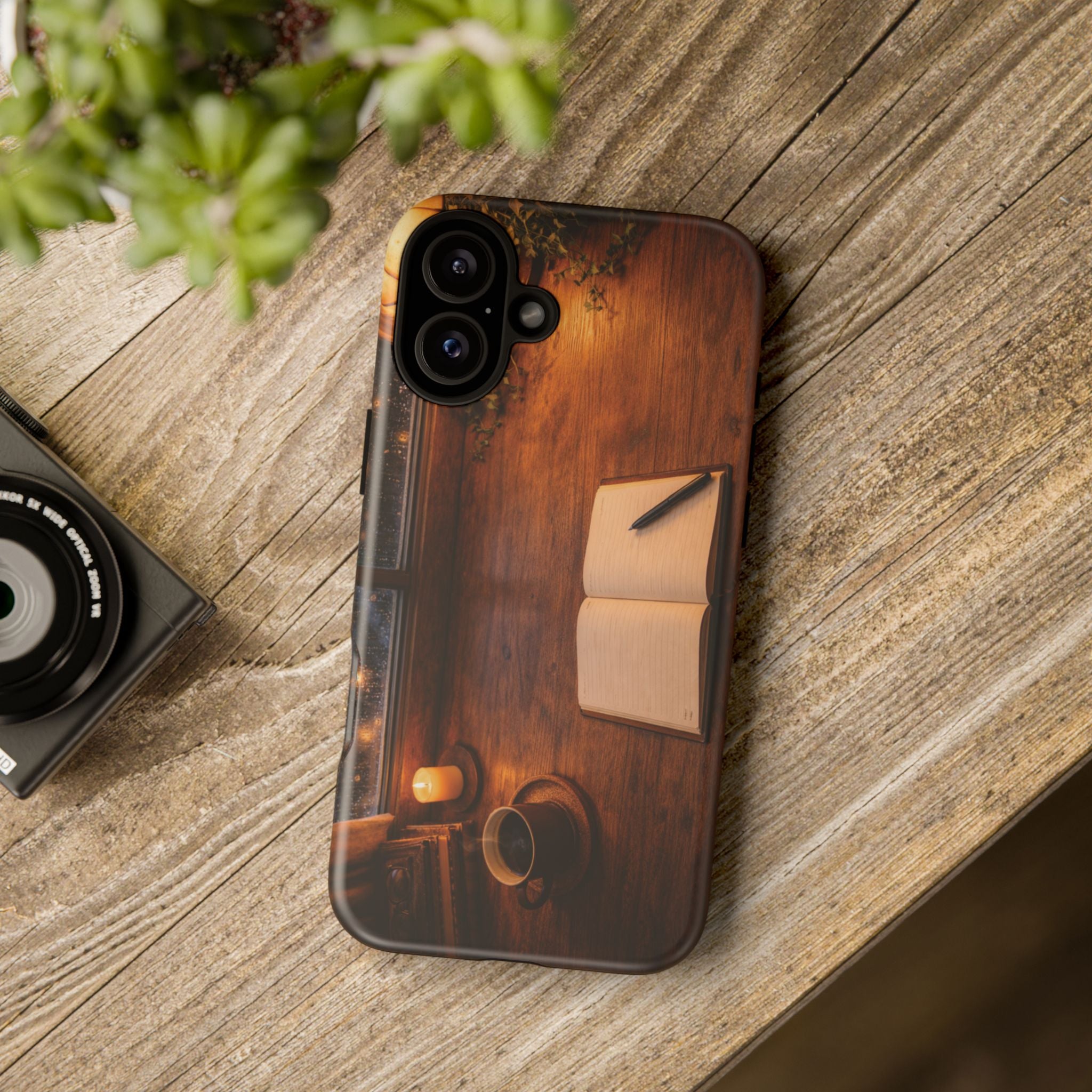 Cozy Writer’s Desk Phone Case — Cozy Notebook & Coffee Woodgrain Design