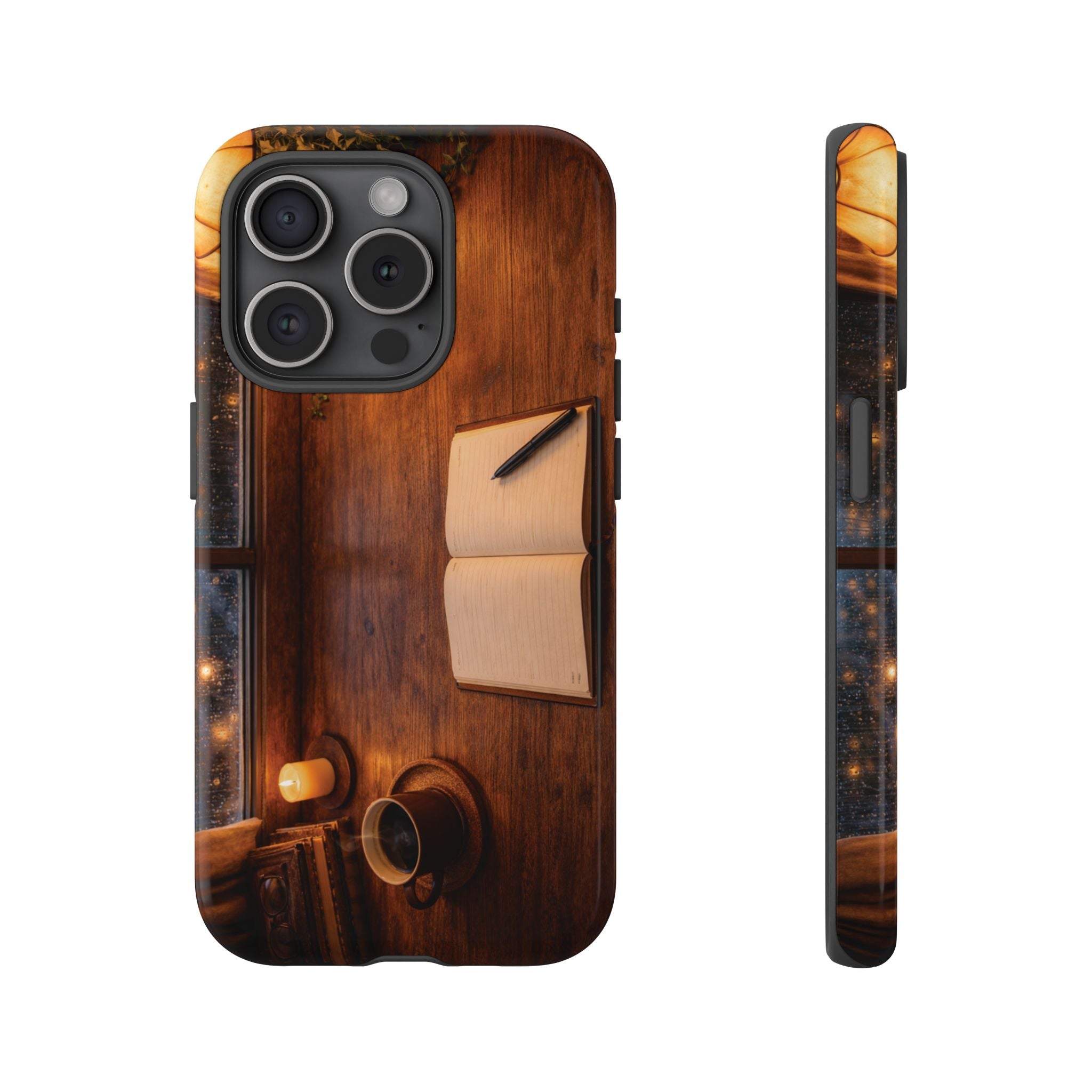 Cozy Writer’s Desk Phone Case — Cozy Notebook & Coffee Woodgrain Design