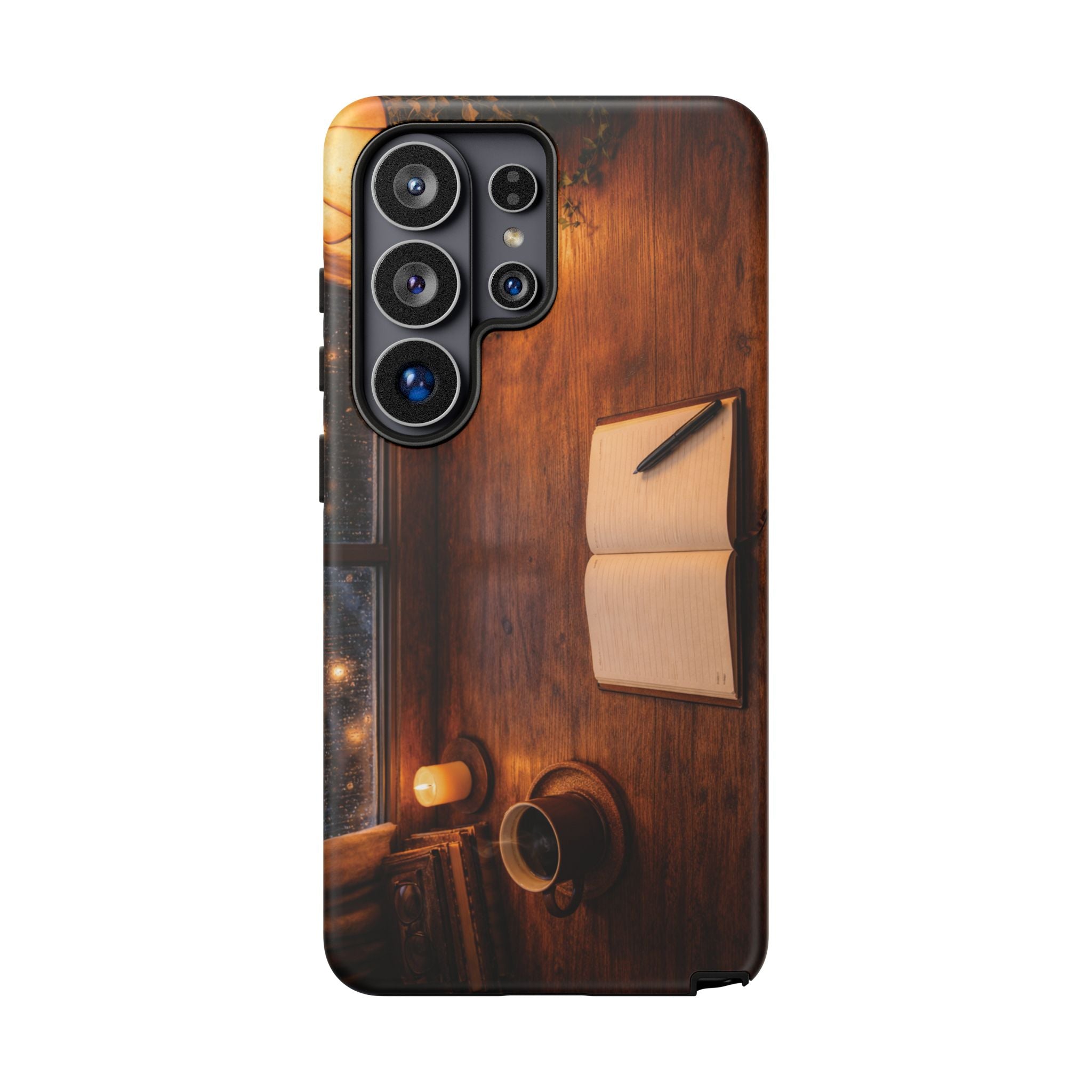 Cozy Writer’s Desk Phone Case — Cozy Notebook & Coffee Woodgrain Design