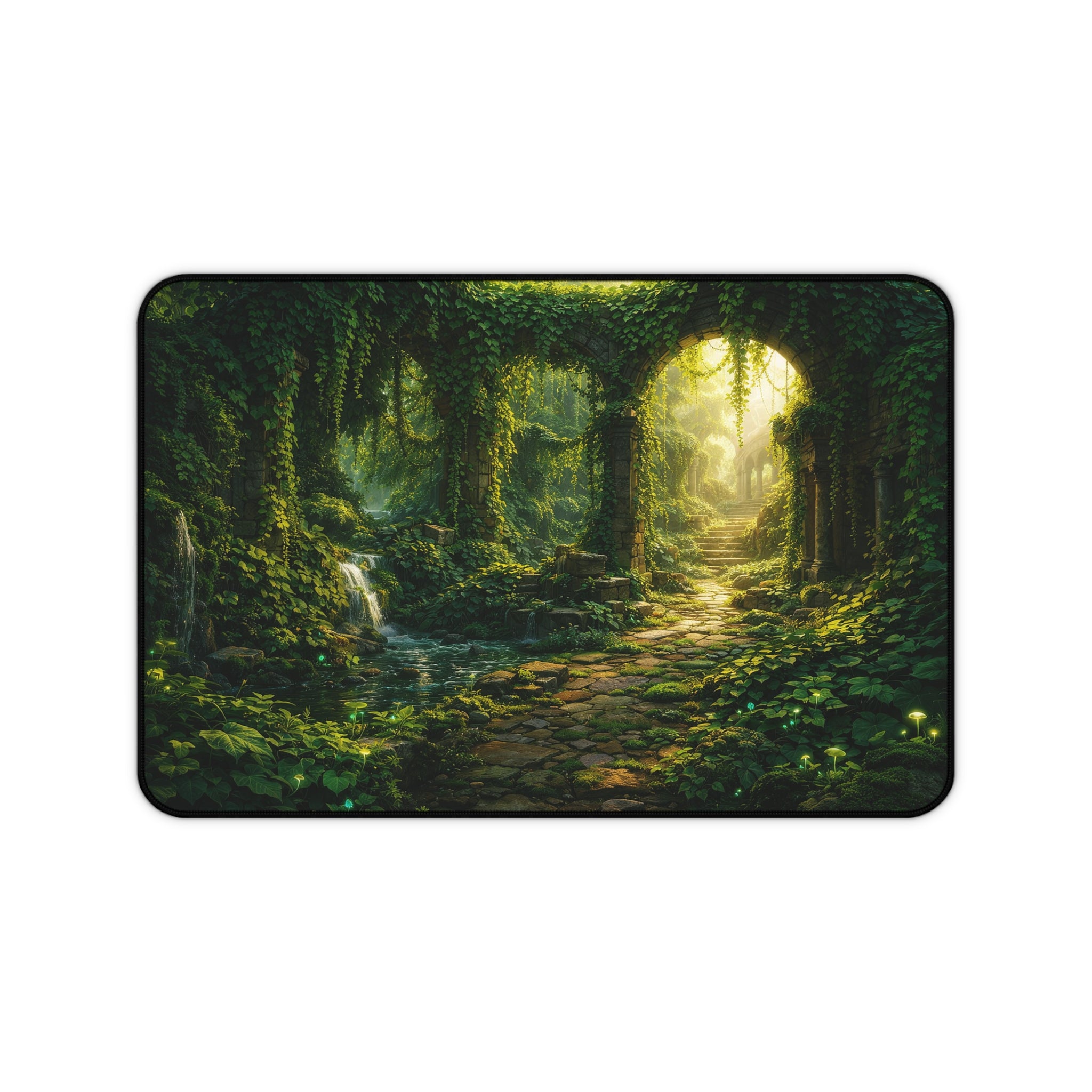 Ivy-Covered Ancient Ruins Desk Mat — Golden Sunlight Overgrown Ruins Desk Mat