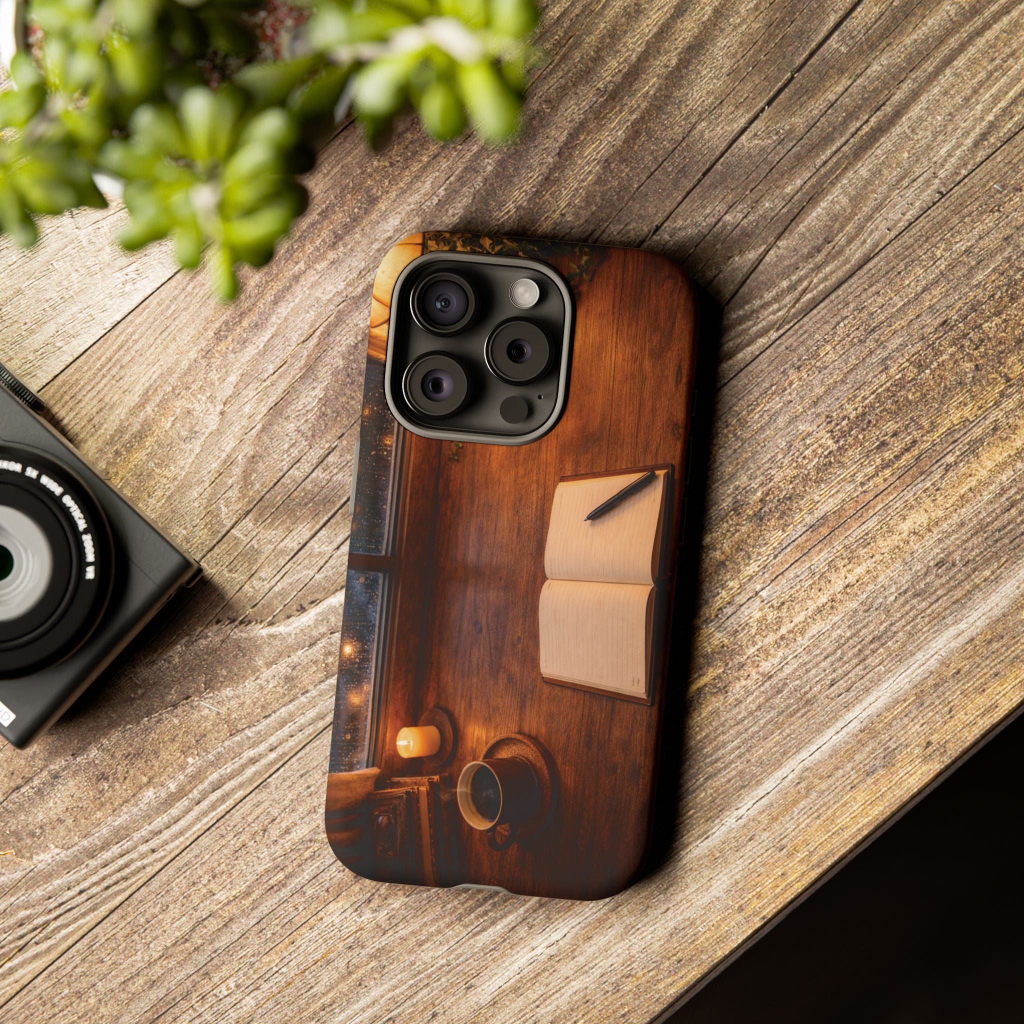 Cozy Writer’s Desk Phone Case — Cozy Notebook & Coffee Woodgrain Design