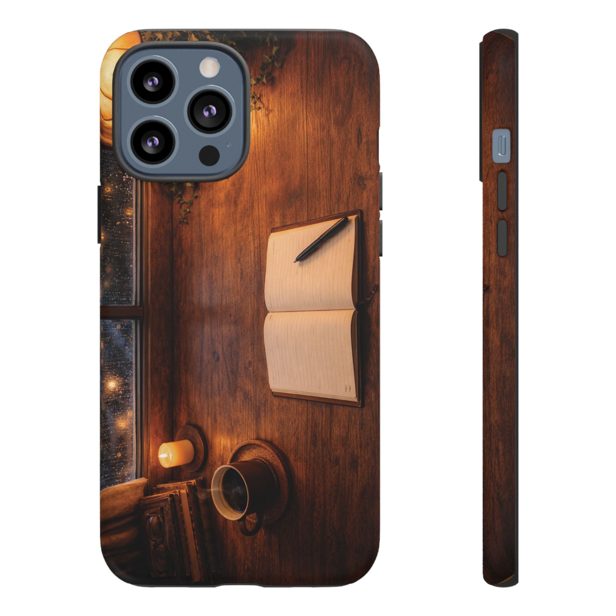 Cozy Writer’s Desk Phone Case — Cozy Notebook & Coffee Woodgrain Design