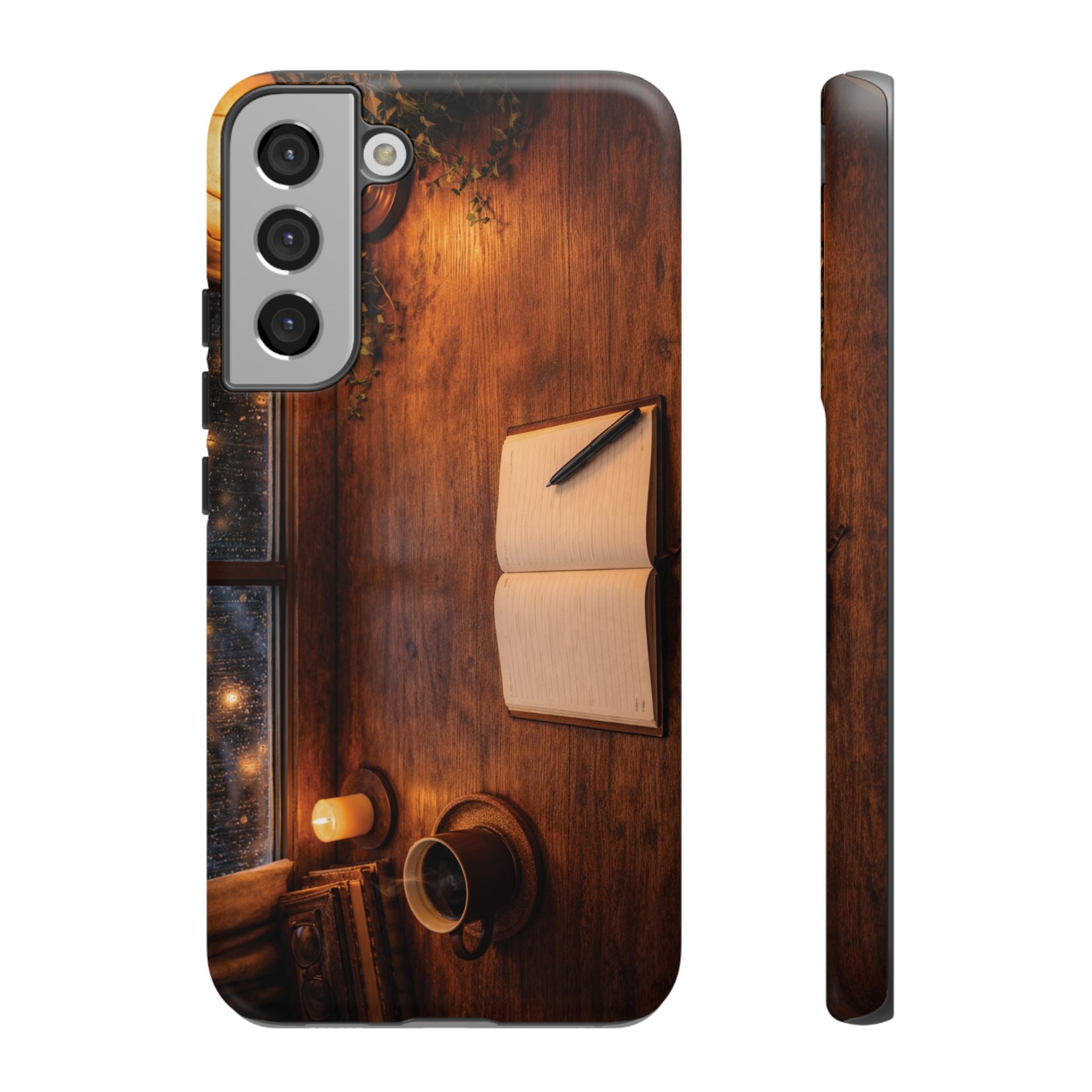 Cozy Writer’s Desk Phone Case — Cozy Notebook & Coffee Woodgrain Design
