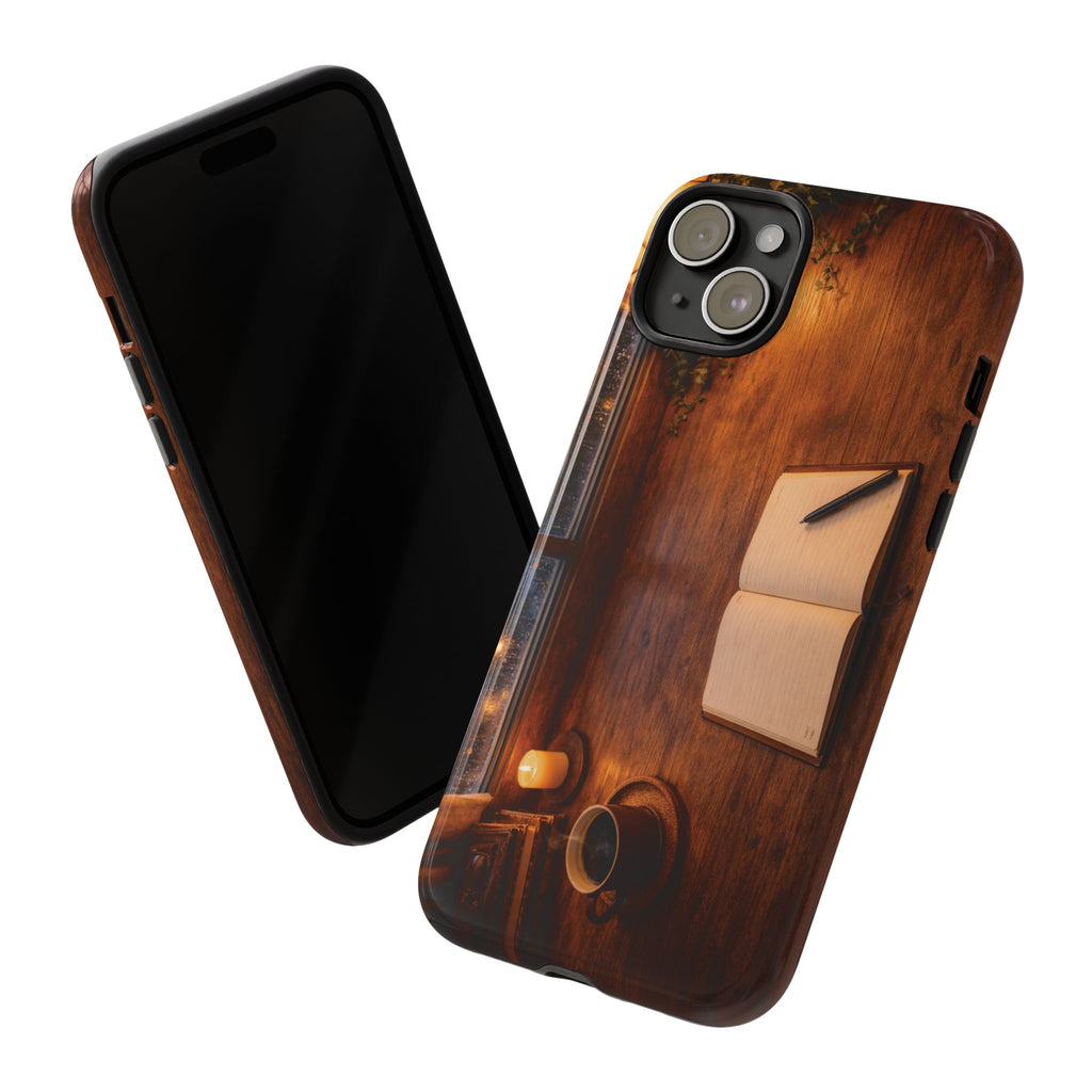Cozy Writer’s Desk Phone Case — Cozy Notebook & Coffee Woodgrain Design