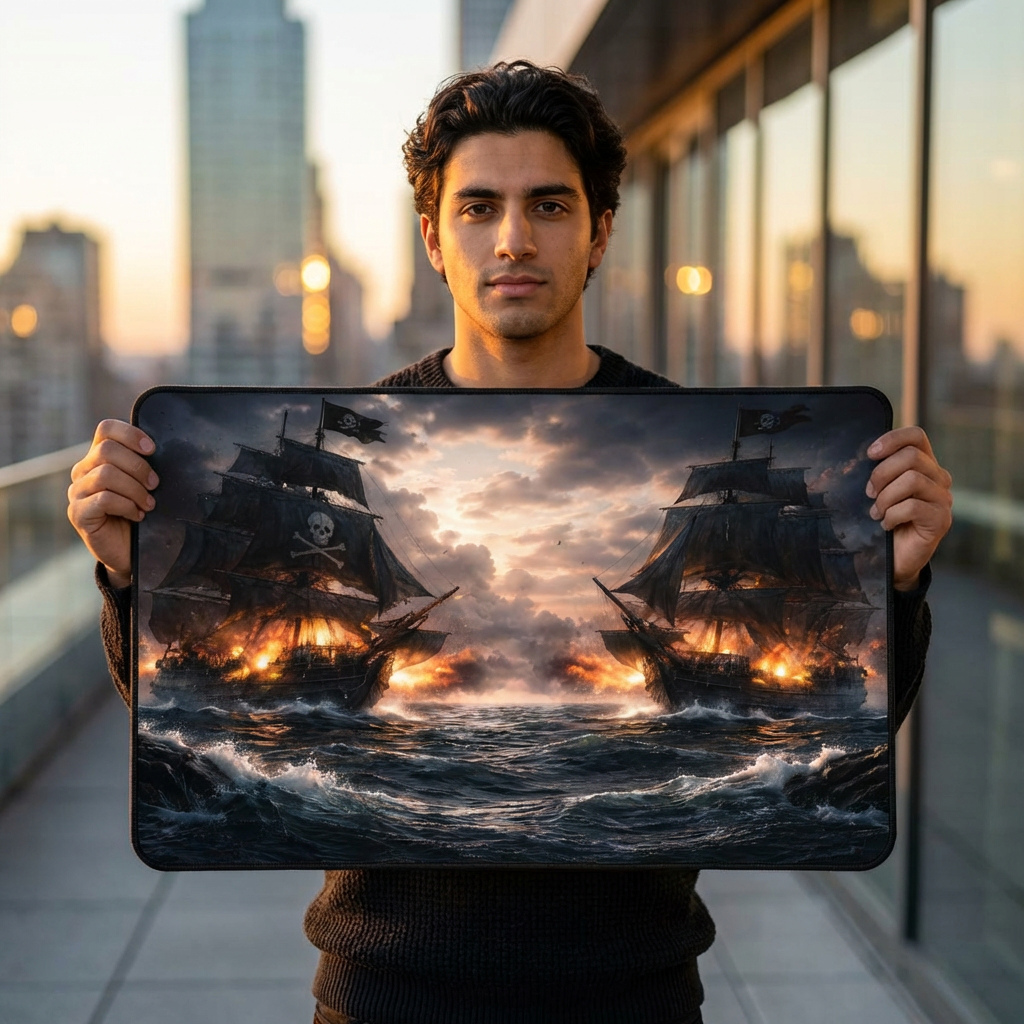 Pirate Ship Battle Desk Mat — Dusk Sea Cannon Duel Mouse Pad