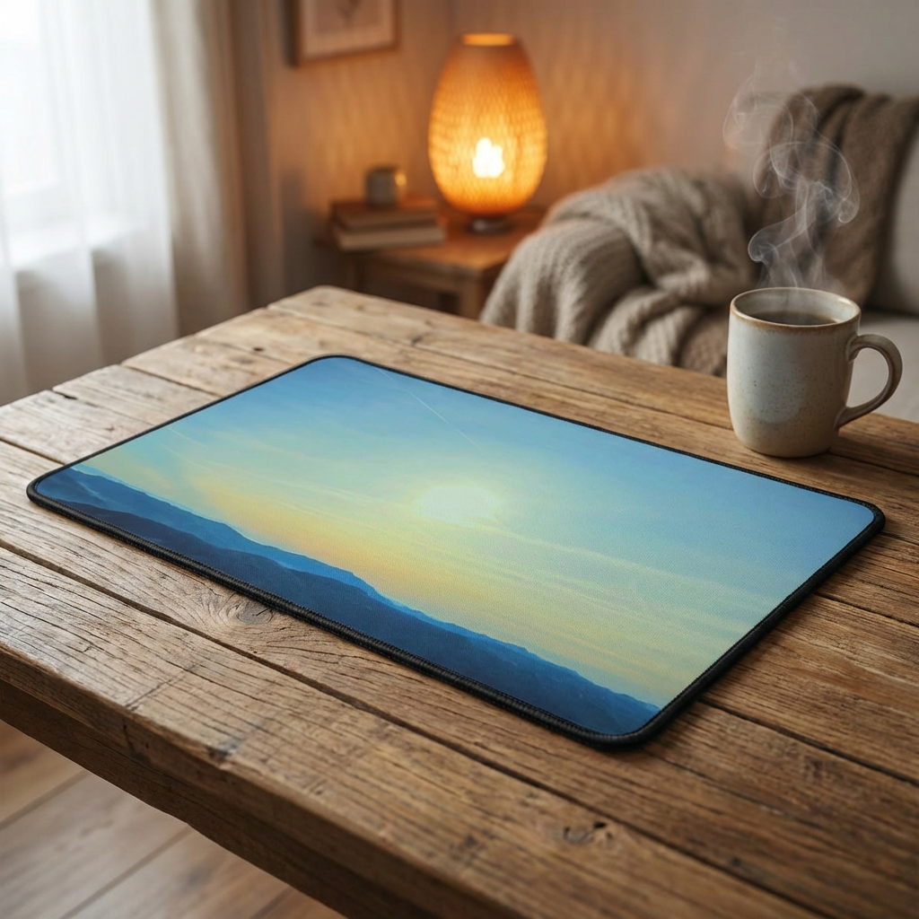 Whiteface Mountain Horizon Desk Mat — Fading Blue Peaks with Orange Sunrise