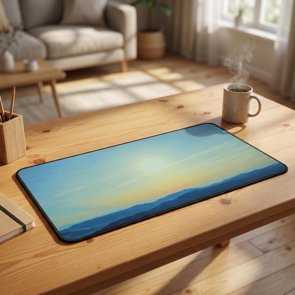 Whiteface Mountain Horizon Desk Mat — Fading Blue Peaks with Orange Sunrise