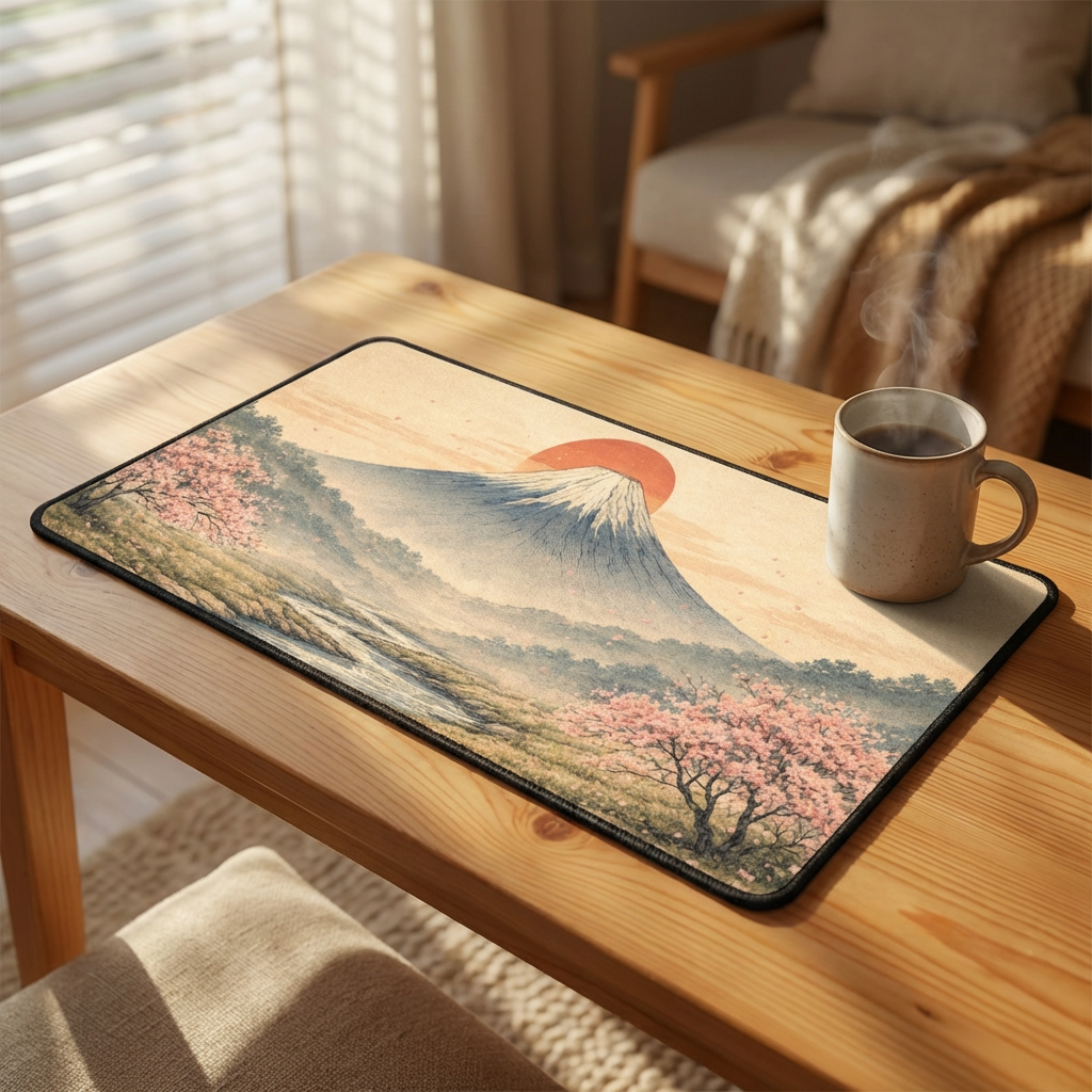 Japanese Ukiyo-e Desk Mat — Mountain, Red Sun & Cherry Blossoms