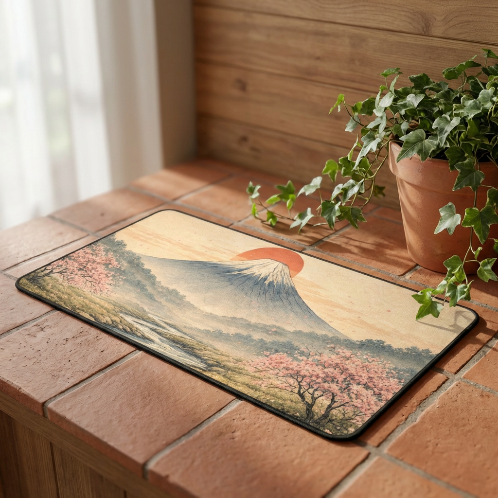 Japanese Ukiyo-e Desk Mat — Mountain, Red Sun & Cherry Blossoms