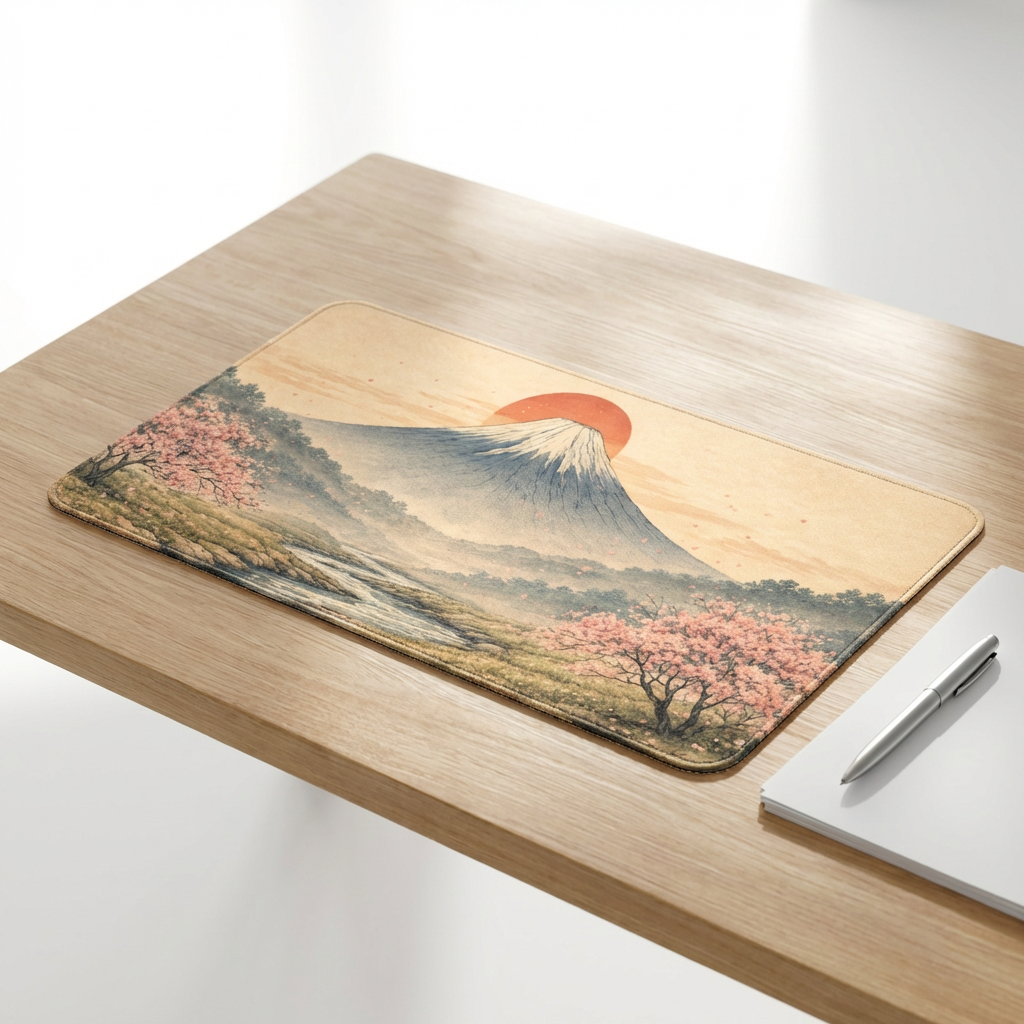 Japanese Ukiyo-e Desk Mat — Mountain, Red Sun & Cherry Blossoms