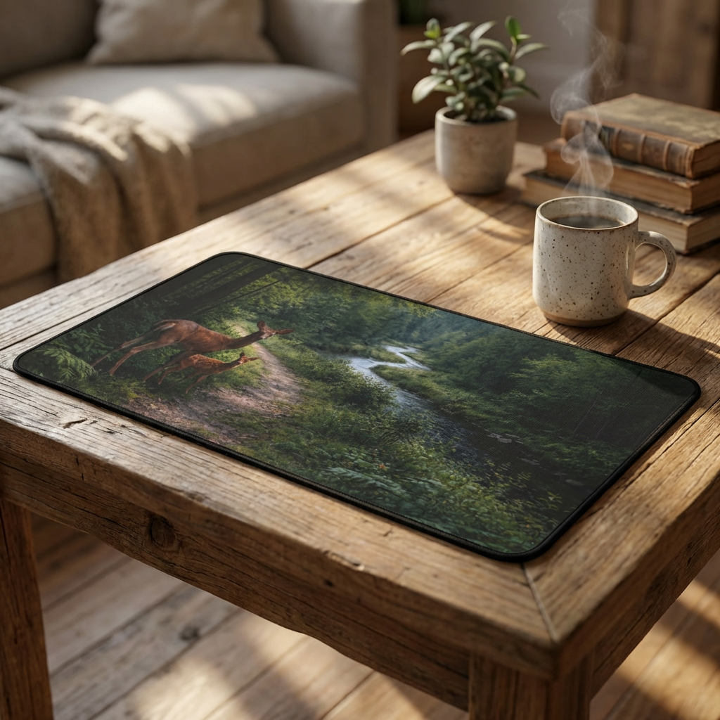 Forest Path Mouse Pad Desk Mat — Deer & Fawn Woodland Scene
