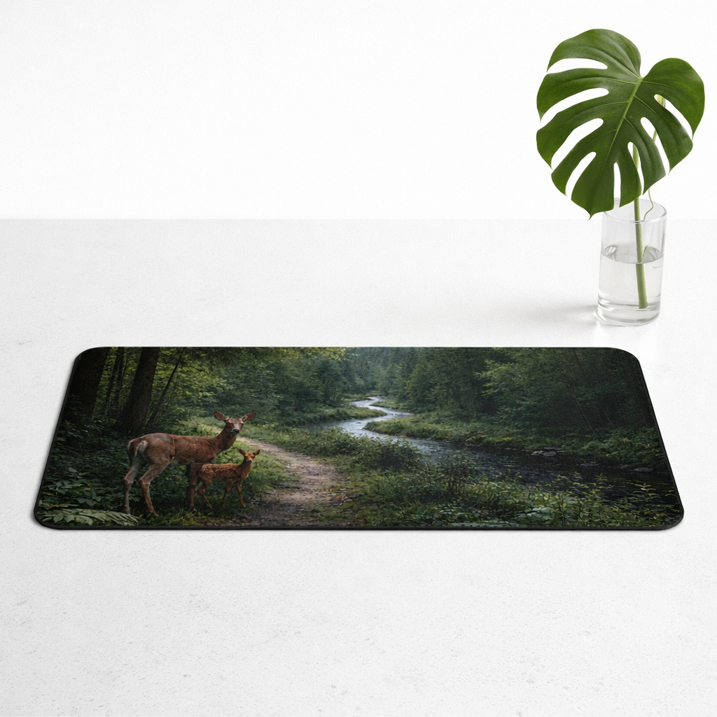 Forest Path Mouse Pad Desk Mat — Deer & Fawn Woodland Scene