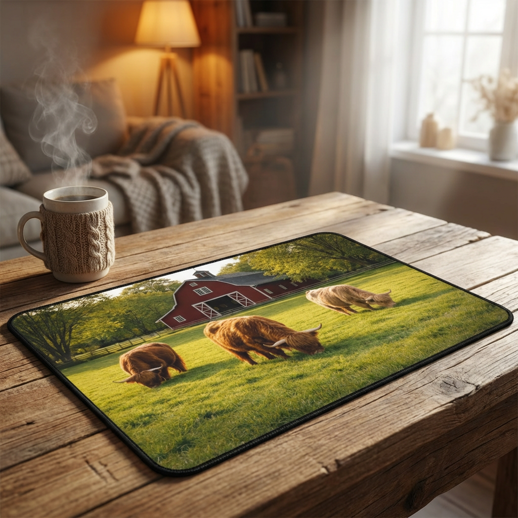 Golden Pasture Desk Mat — Highland Cattle & Red Barn Rustic Desk Pad