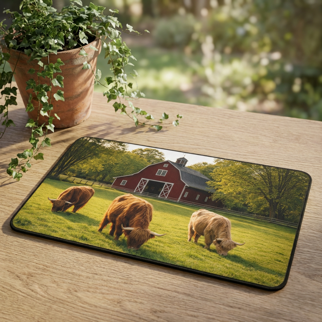Golden Pasture Desk Mat — Highland Cattle & Red Barn Rustic Desk Pad
