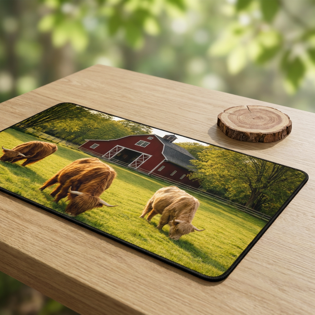 Golden Pasture Desk Mat — Highland Cattle & Red Barn Rustic Desk Pad