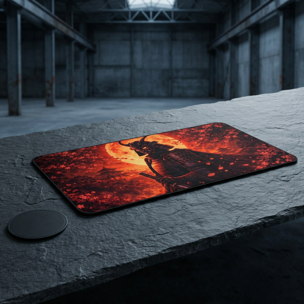 Samurai Crimson Moon Desk Mat — Cherry Blossom Silhouette Mousepad