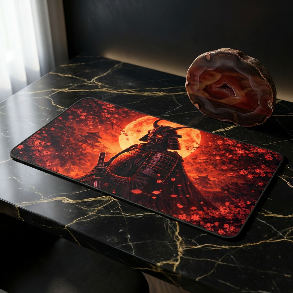 Samurai Crimson Moon Desk Mat — Cherry Blossom Silhouette Mousepad