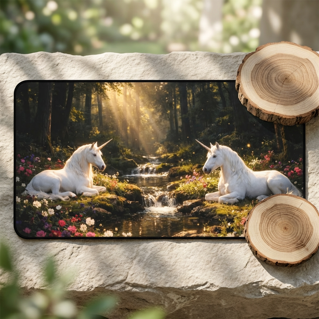 Enchanted Unicorn Forest Desk Mat — Serene Woodland Mouse Pad