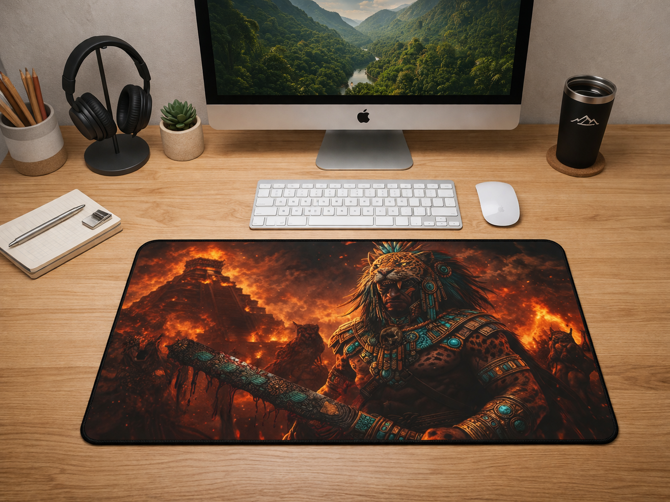 Jaguar Warrior Pyramid Desk Mat — Neoprene Gaming & Work Mouse Pad