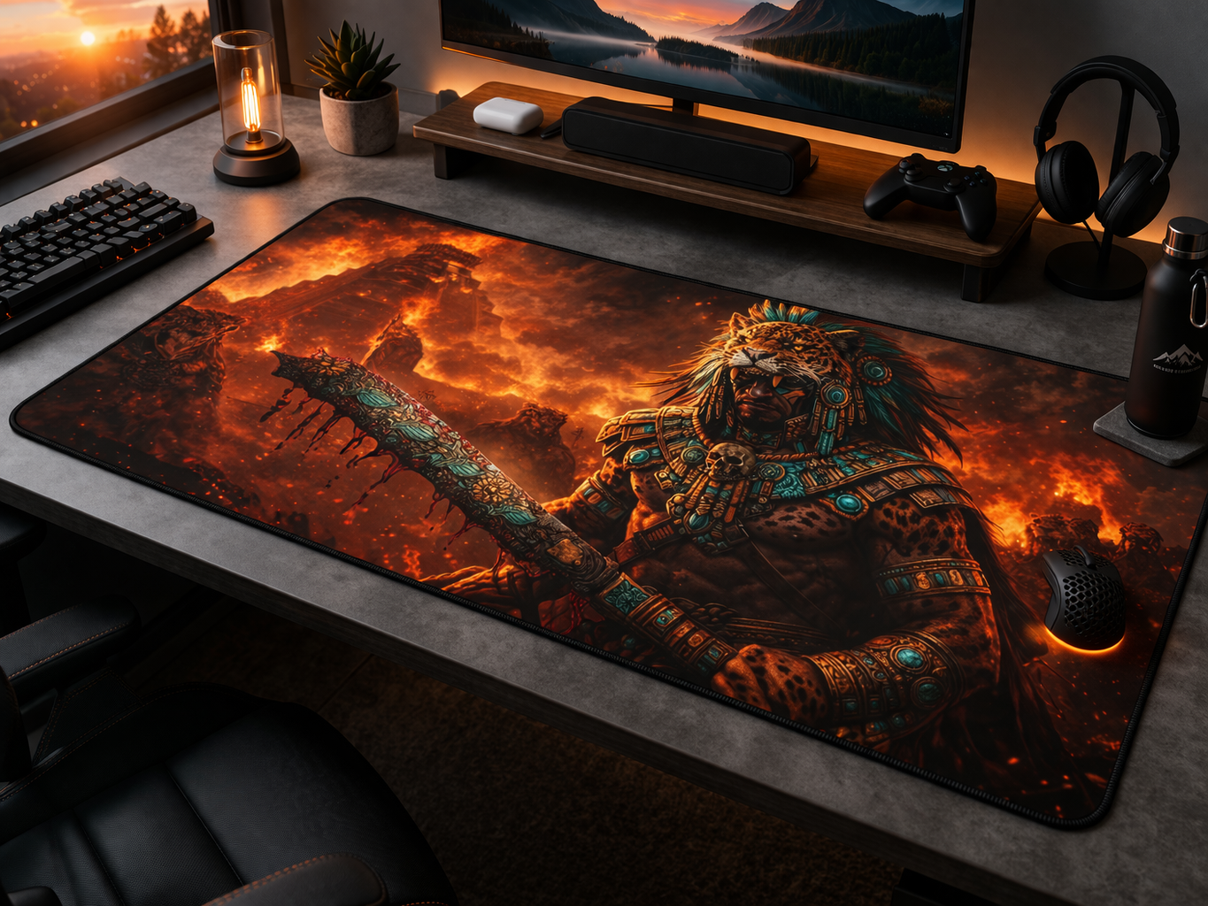 Jaguar Warrior Pyramid Desk Mat — Neoprene Gaming & Work Mouse Pad