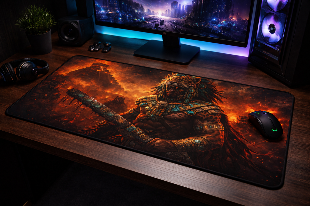 Jaguar Warrior Pyramid Desk Mat — Neoprene Gaming & Work Mouse Pad