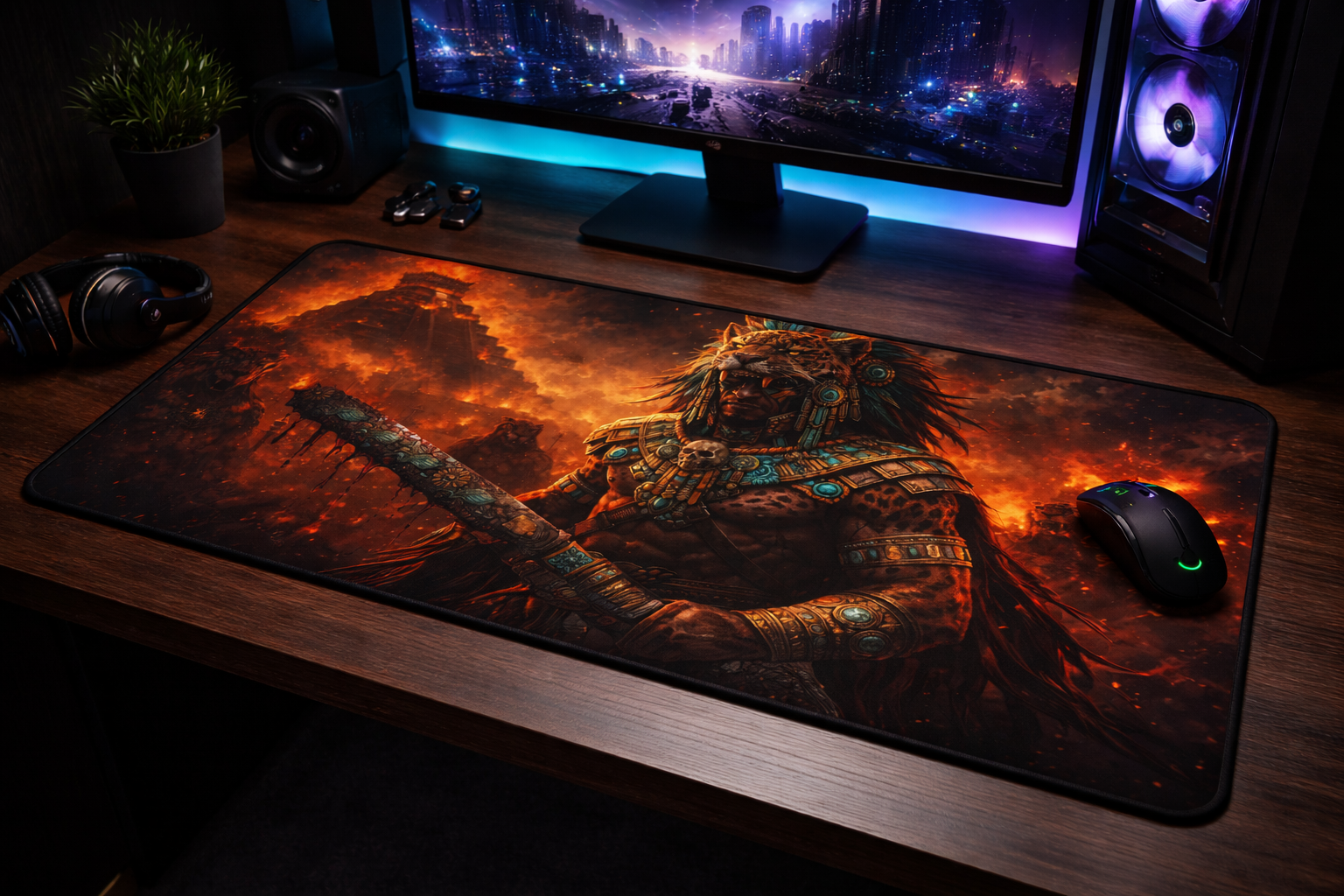 Jaguar Warrior Pyramid Desk Mat — Neoprene Gaming & Work Mouse Pad