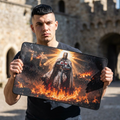 Crusader Flame Desk Mat — Battle-Scarred Gamer Mousepad
