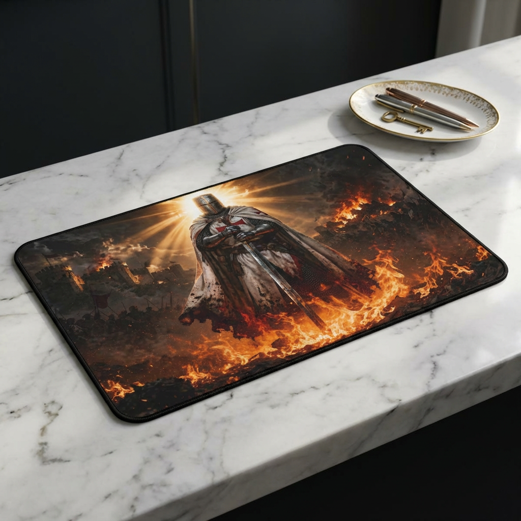 Crusader Flame Desk Mat — Battle-Scarred Gamer Mousepad